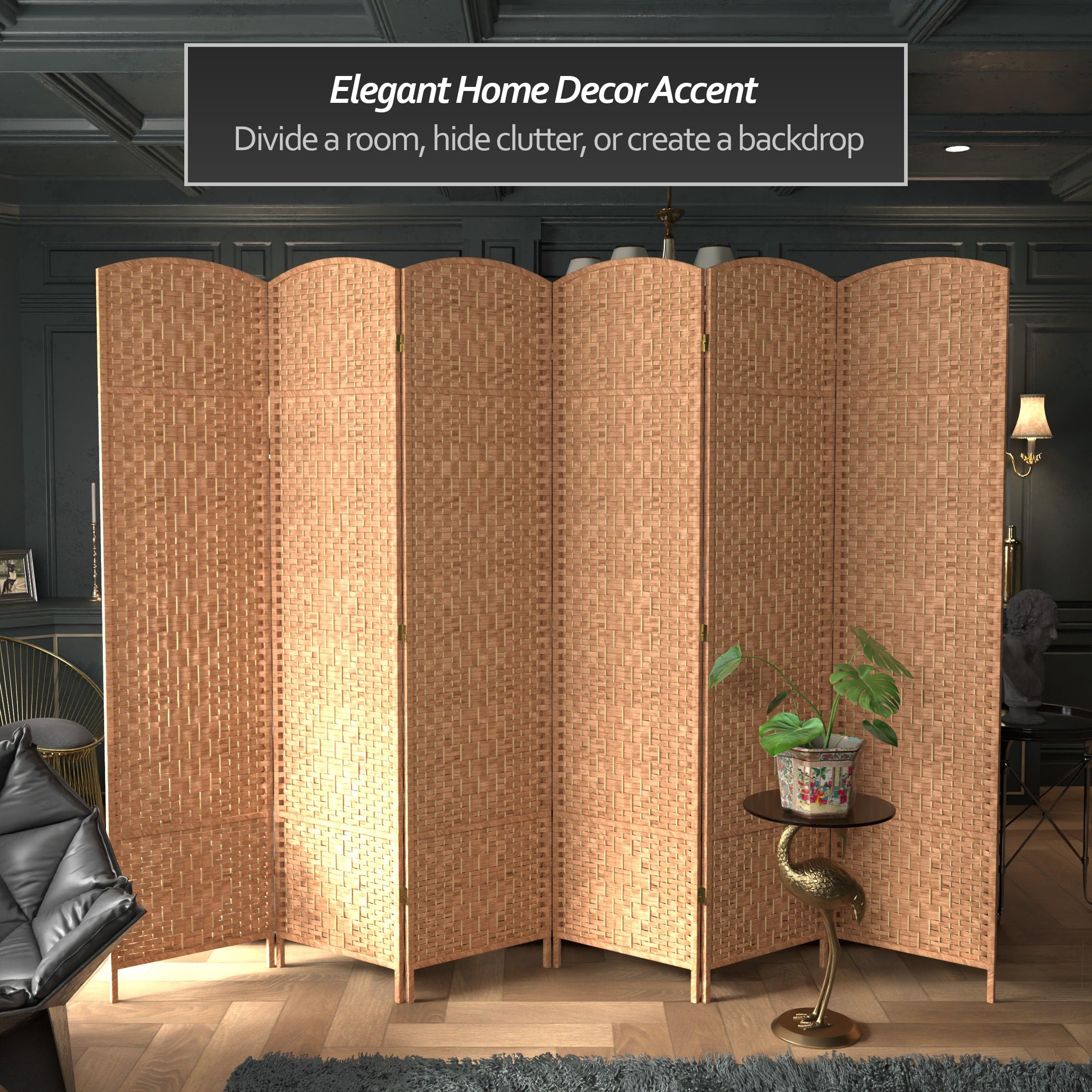 7 ft. Tall Red Diamond Weave Natural Bamboo Room Divider - 6 Panel Folding Privacy Screen for Home, Office & Outdoor Use