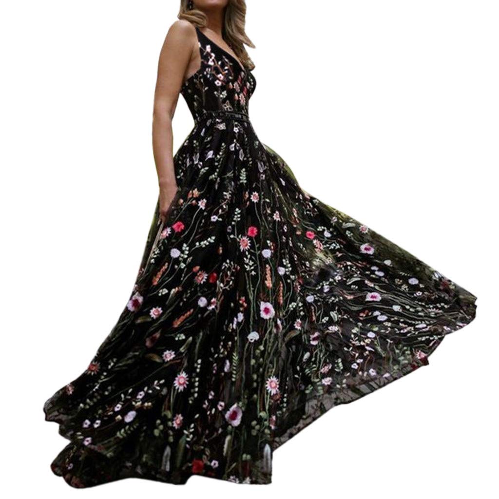 Sexy Embroidered Maxi Dress for Women - Deep V Neck Floral Boho Backless Long Gown for Party, Prom, Beach & Wedding | Perfect for Summer Vacations, Date Nights & Special Occasions