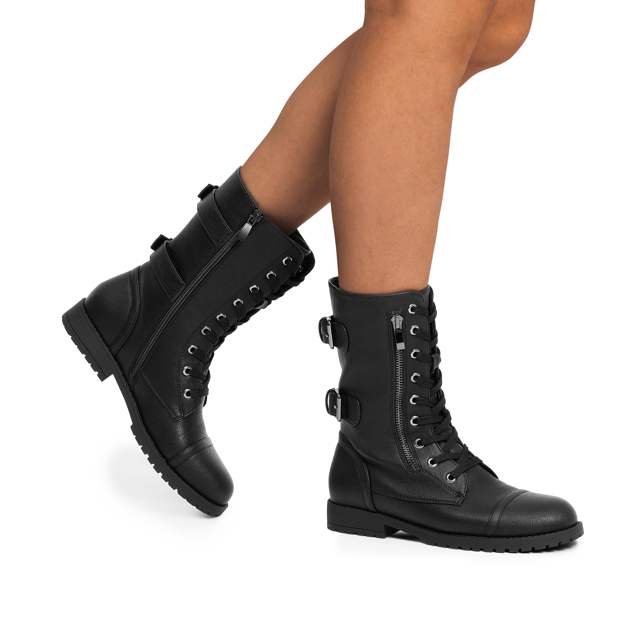 DREAM PAIRS Women's Mid Calf Combat Boots with Built-in Wallet Pocket & Lace Up Design - Perfect for Military Style, Outdoor Hiking & Fashion Streetwear