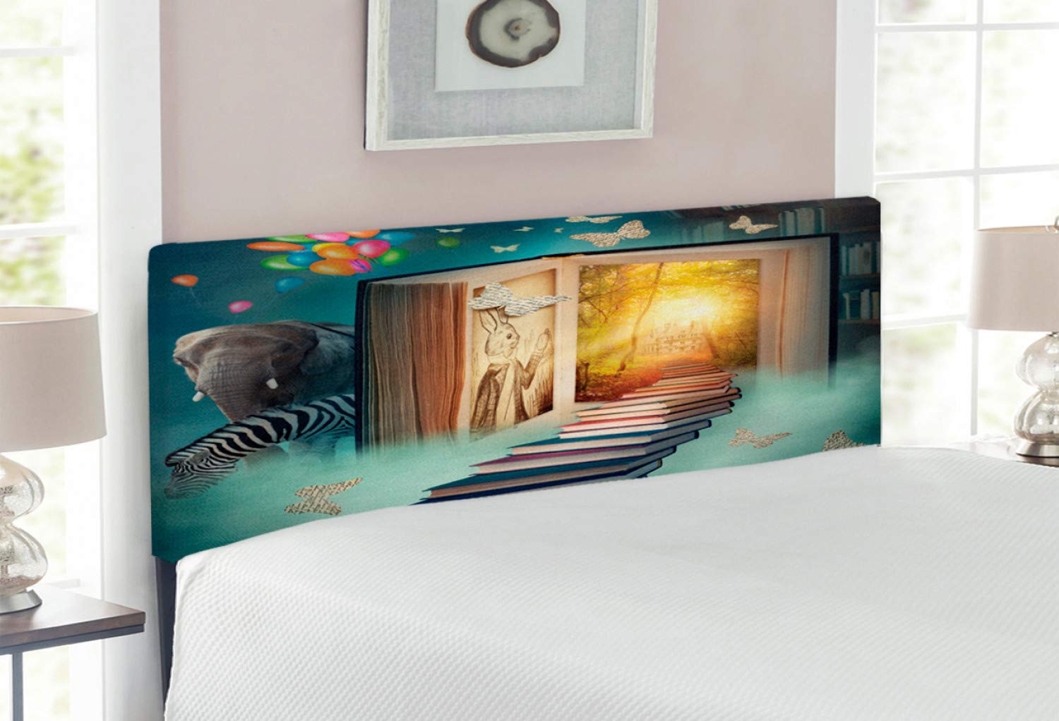 Ambesonne Fantasy Headboard - Upholstered Decorative Metal Bed Frame with Memory Foam, Full Size, Teal & Yellow | Magical Book Forest Design with Balloons, Zebra, Elephant & Butterflies | Perfect for Kids' Bedrooms, Nursery Decor & Fantasy-Themed Bedrooms