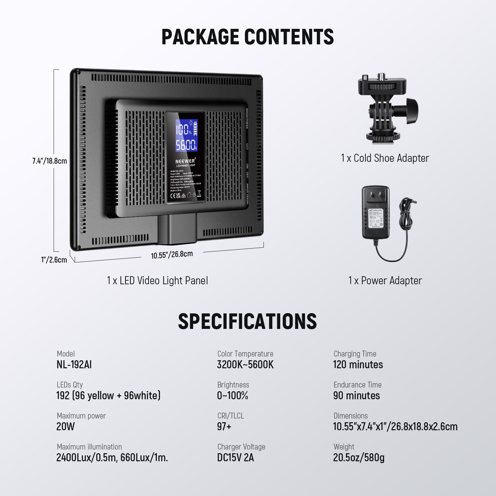 NEEWER NL 192AI Bi-Color LED Panel Light with Adjustable Brightness & Color Temperature - Perfect for Photography, Videography, and Studio Lighting