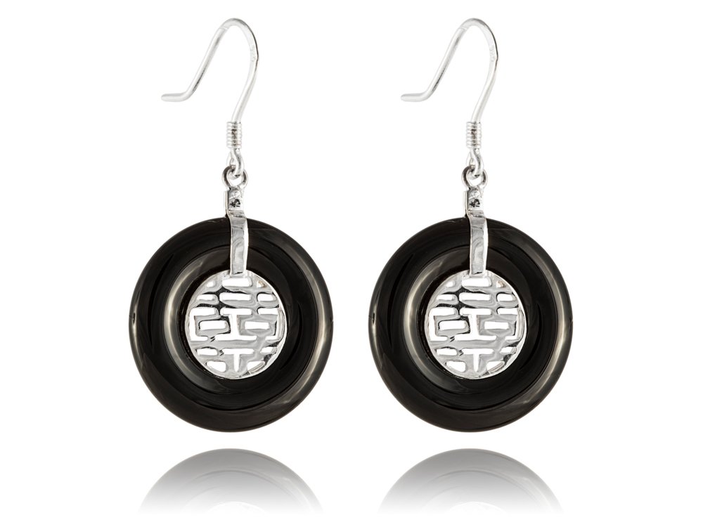 925 Sterling Silver Onyx Double Happiness Dangle Earrings - Elegant Chinese-Inspired Jewelry for Weddings, Parties & Special Occasions
