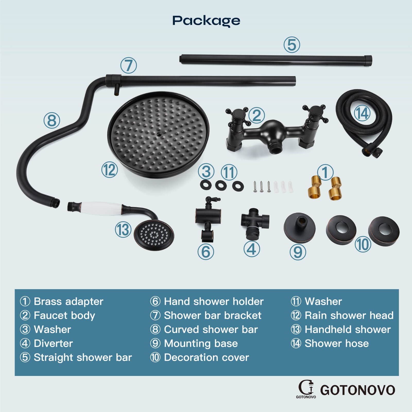 Gotonovo Luxury 8-Inch Wall Mount Exposed Shower System - Oil Rubbed Bronze Rainfall Shower Head with Handheld Spray & Cross Double Handle Faucet, Adjustable Arc Rod for Modern Bathroom Remodel | Perfect for Master Bath, Spa-Like Shower Experience