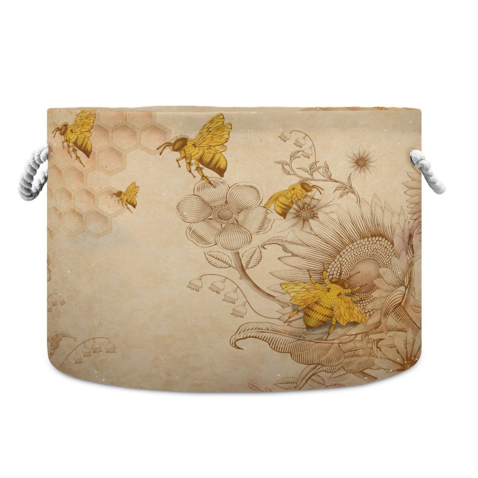 Vintage Honey Bees Wildflowers Toy Storage Basket - Large Collapsible Fabric Organizer Bin for Nursery, Playroom, Kids & Dog Toys - Perfect for Home, Office & Shelf Organization (Beige)