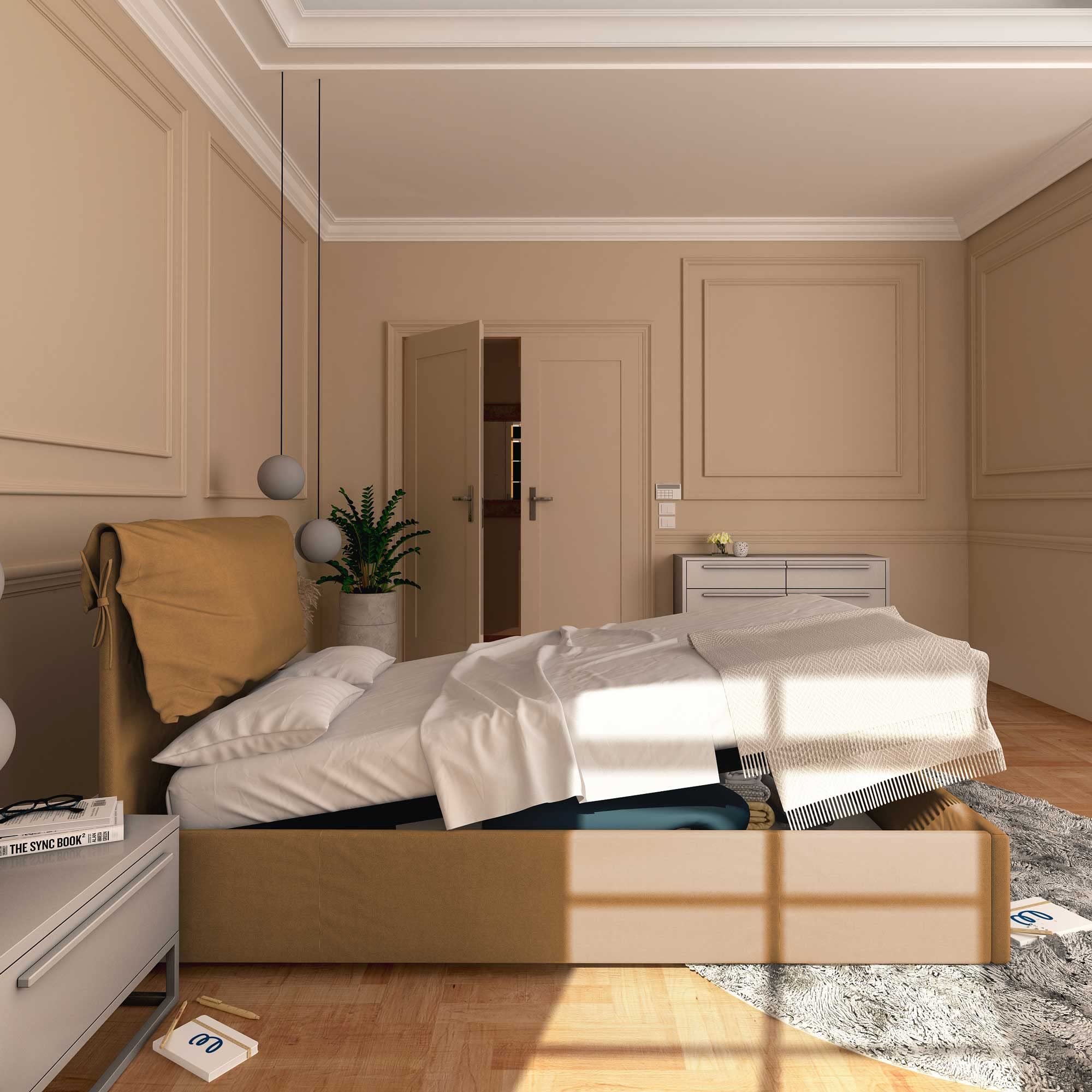 Baldiflex Licia Soft Full & Twin Size Bed Frame with Storage, Synthetic Leather Upholstery, Slatted Base - Fits 120x190cm Mattress, Light Brown, Padded Headboard | Perfect for Small Bedrooms, Guest Rooms & Apartments