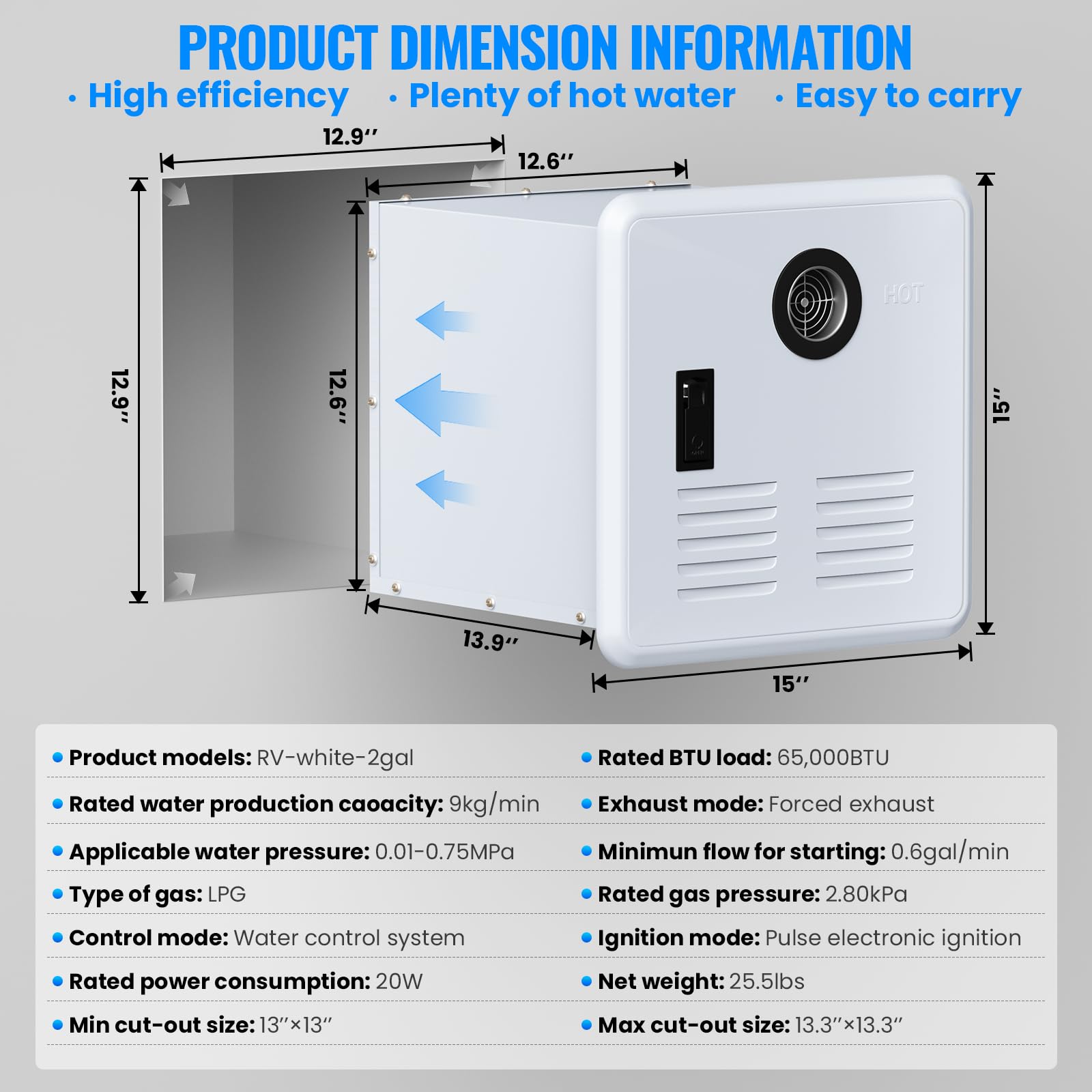 65000 BTU RV Tankless Water Heater - 3.9 GPM High Efficiency Propane Instant Hot Water System with DC 12V Power & Multi-Protection | Perfect for RV Showers, Kitchen Use & Outdoor Camping