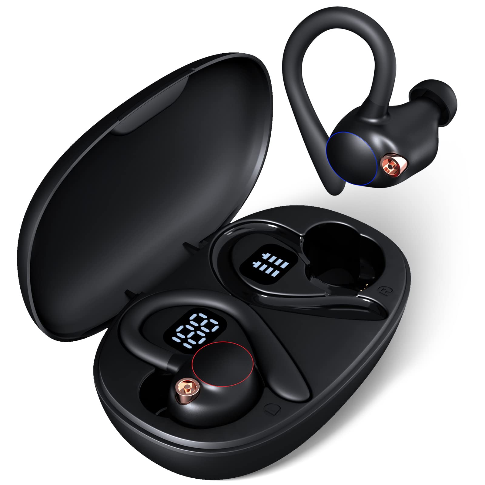 NANSON Wireless Earbuds with Earhooks - 60H Playtime, IPX7 Waterproof, LED Battery Display, Built-in Mic - Over-Ear Stereo Bass Headphones for Running, Gym, Workout, Sports & Outdoor Activities (Violet)