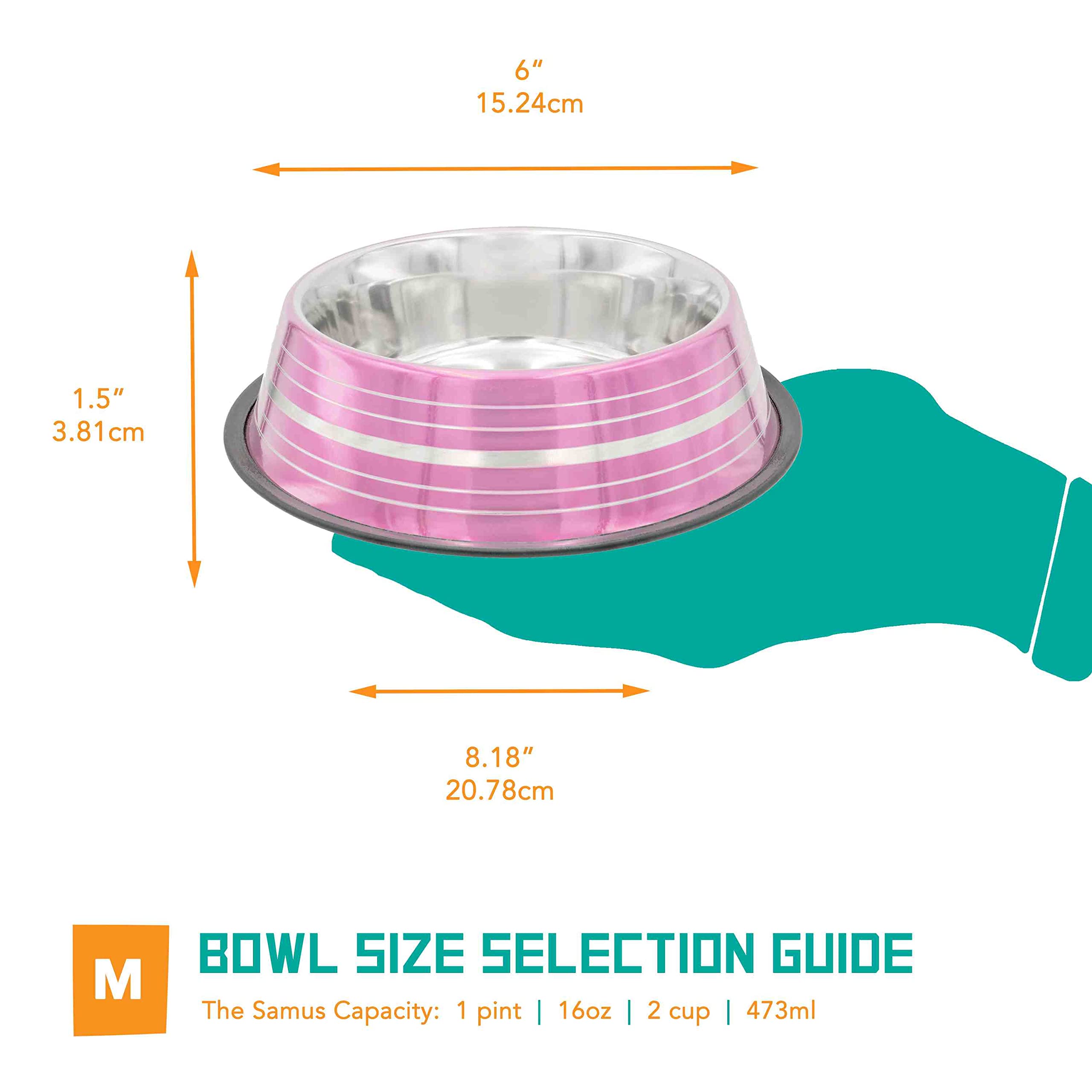 Premium Stainless Steel Non-Slip Dog Bowl with Rubber Base - Fuzzy Puppy Design for Large & Small Dogs | Durable Pet Food & Water Dish for Indoor/Outdoor Use - The Samus Gravity Pink Medium (FB-Pink-16)
