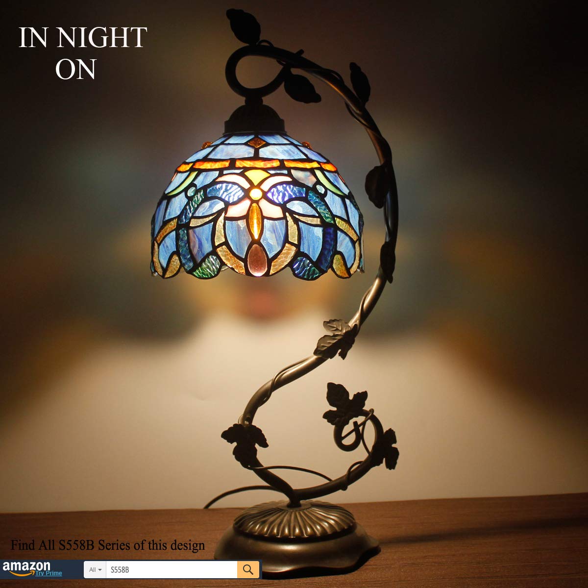 Tiffany Lamp Cloudy Blue Stained Glass Table Lamp with Metal Leaf Base - 8x10x21 Inch Reading Desk Light for Bedroom, Office & Small Spaces | Home Decor & Ambient Lighting | S558 Series
