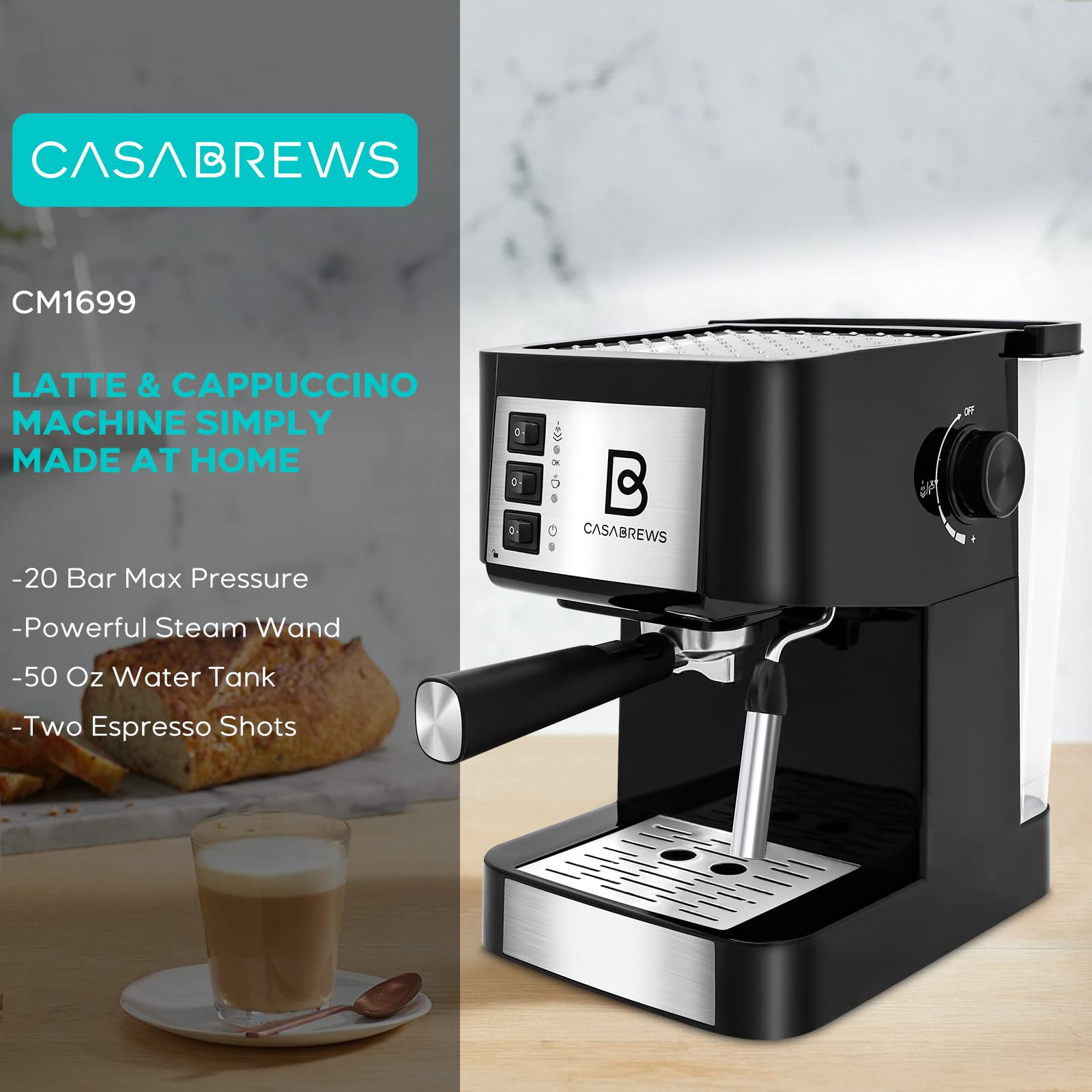 **Casabrews Espresso Coffee Machine with Milk Frother Wand - 15 Bar Pump Pressure, Detachable Water Tank, Professional Barista & Home Use - Perfect for Lattes, Cappuccinos & Cafe-Style Drinks (Black/Silver)**