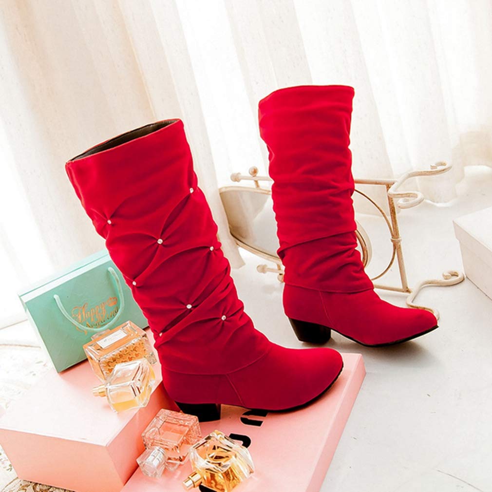 GIY Women's Slouch Mid Calf Riding Boots - Rhinestone Embellished Suede Round Toe Fashion Boots with Low Heel for Comfort | Perfect for Casual Outfits, Date Nights & Office Wear