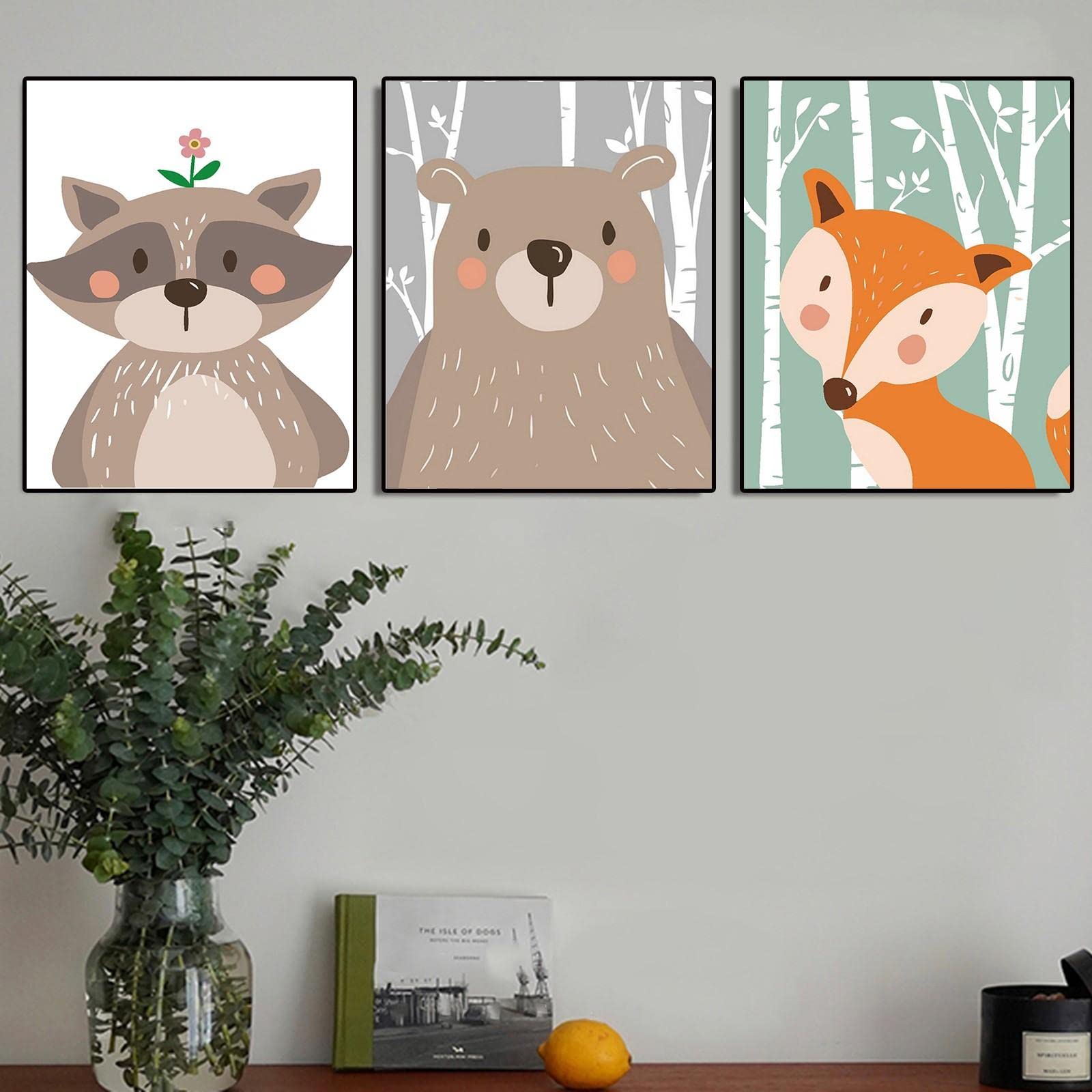 Animal Fox Bear Canvas Painting Wall Art - 50x70cm x3 Framed Posters for Girls & Boys Room, Kids Bedroom, Living Room Decor | Perfect for Nursery, Playroom & Home Interior Design