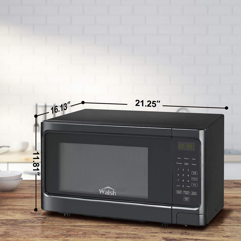 Walsh WSCMS311BK-10 1.1 Cu.Ft 1000W Black Countertop Microwave Oven with 6 Cooking Programs & LED Lighting - Perfect for Small Kitchens, Dorms, and Office Break Rooms