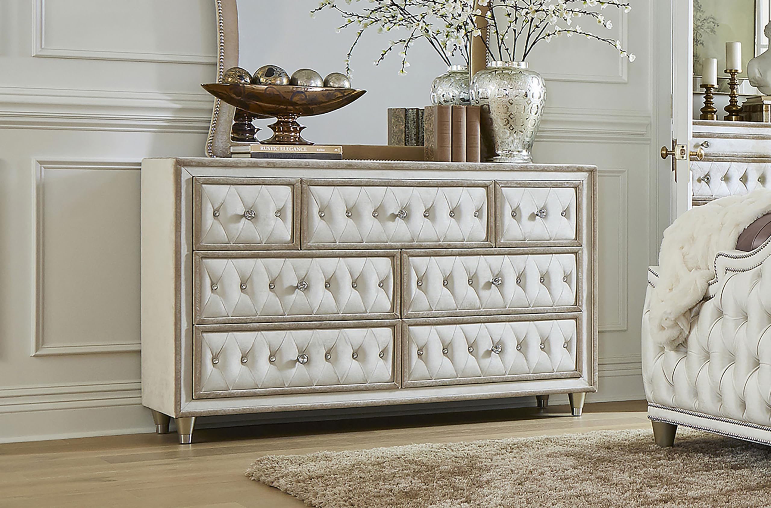 Coaster Home Furnishings Antonella 61-inch 7-Drawer Dresser - Modern Classic Bedroom Storage Cabinet, Wide Chest of Drawers Organizer in Ivory & Camel (Model 223523) | Perfect for Master Bedroom, Guest Room & Closet Organization