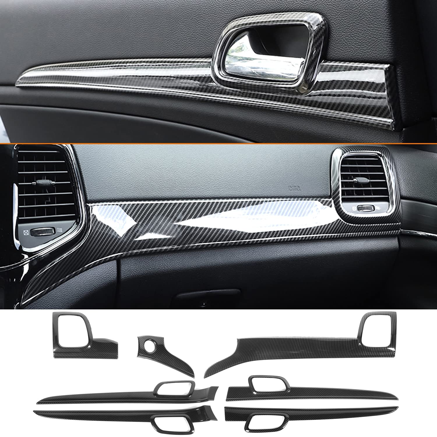 Premium ABS Carbon Fiber Style Dashboard Panel Trim & Door Handle Covers for Jeep Grand Cherokee 2014-2021 - Interior Accessories Upgrade for Enhanced Style & Protection