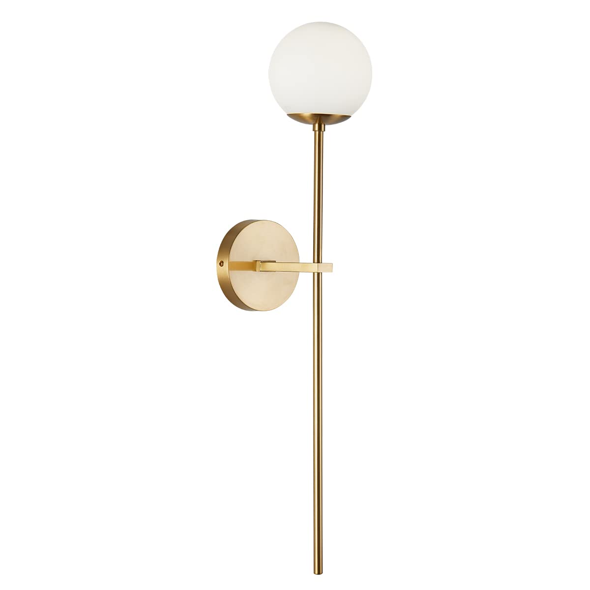 BOKT Mid Century Modern Long Wall Sconce - Brushed Brass Bathroom Vanity Light with White Glass Sphere | Gold Globe Wall Lamp for Bedroom, Living Room & Hallway Lighting | Antique Brass Wall Lighting Fixture