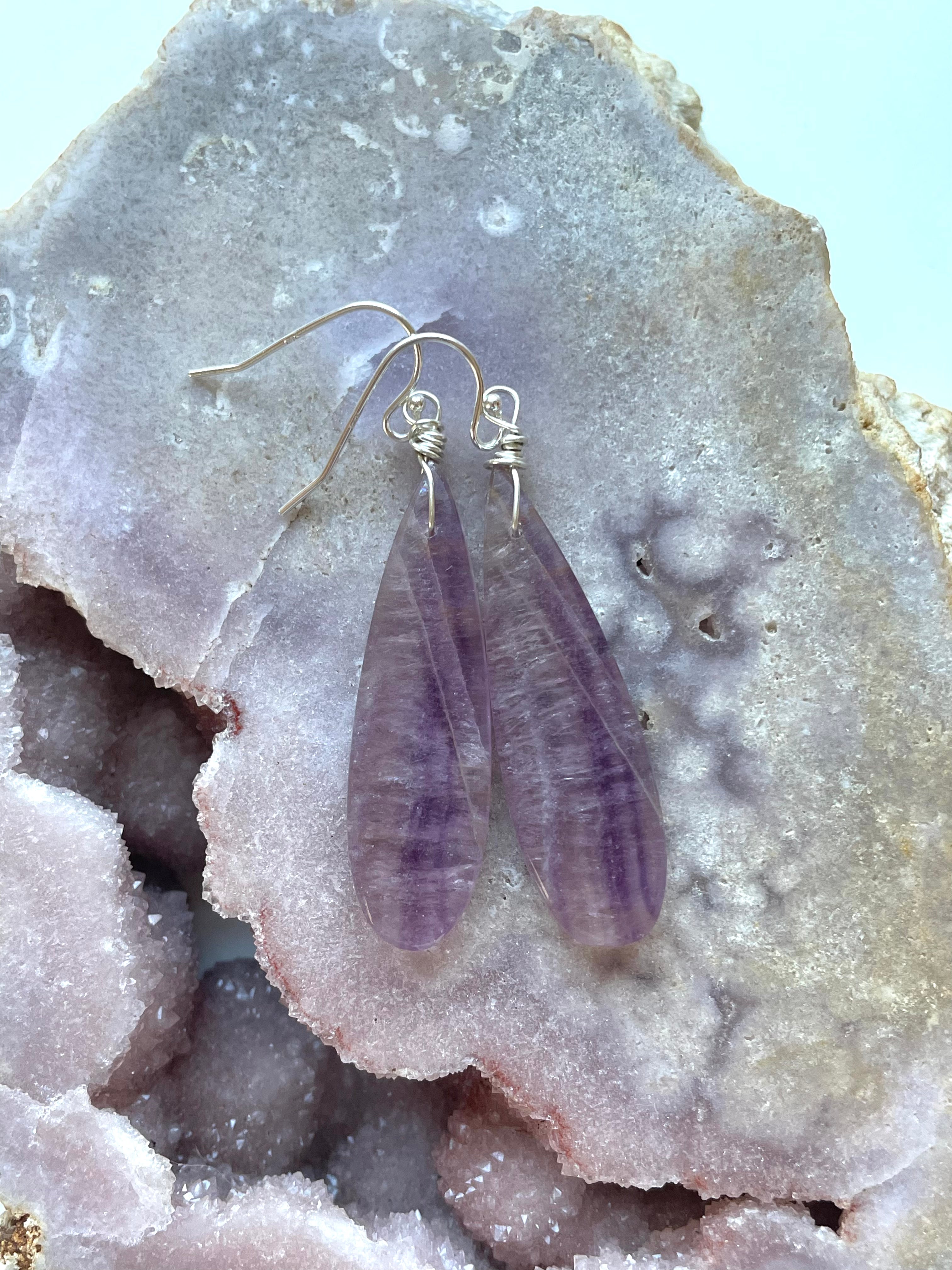 Natural Purple Fluorite Earrings for Women - 925 Sterling Silver Dangle Earrings - Healing Crystal Jewelry for Meditation & Energy Balance