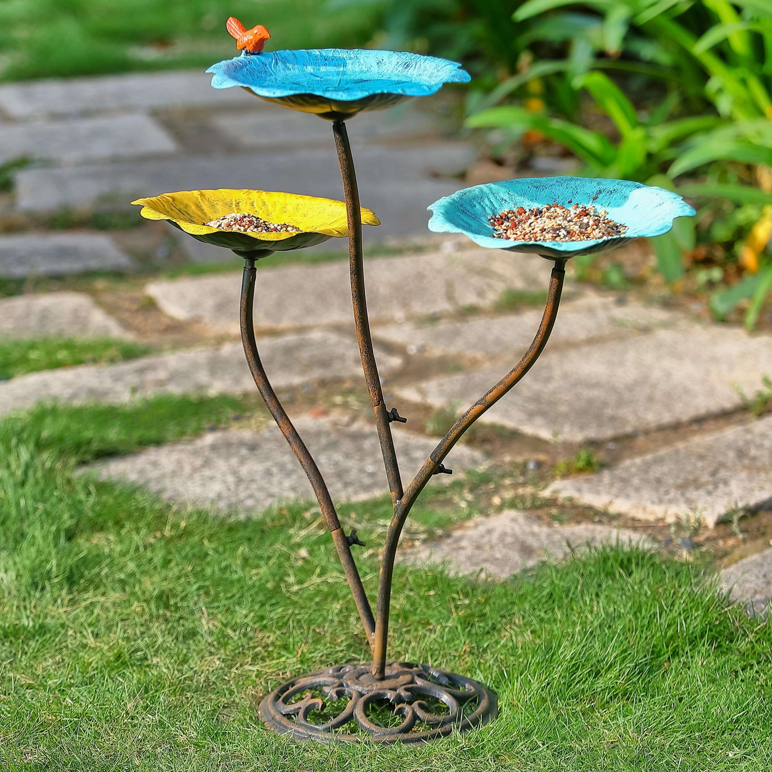 Heavy Duty Cast Iron Pedestal Bird Bath and Feeder Combo for Outdoor Garden - Stable, Weatherproof & Easy to Clean Wildlife Water Fountain - Perfect for Attracting Birds to Your Backyard, Patio or Lawn Decoration