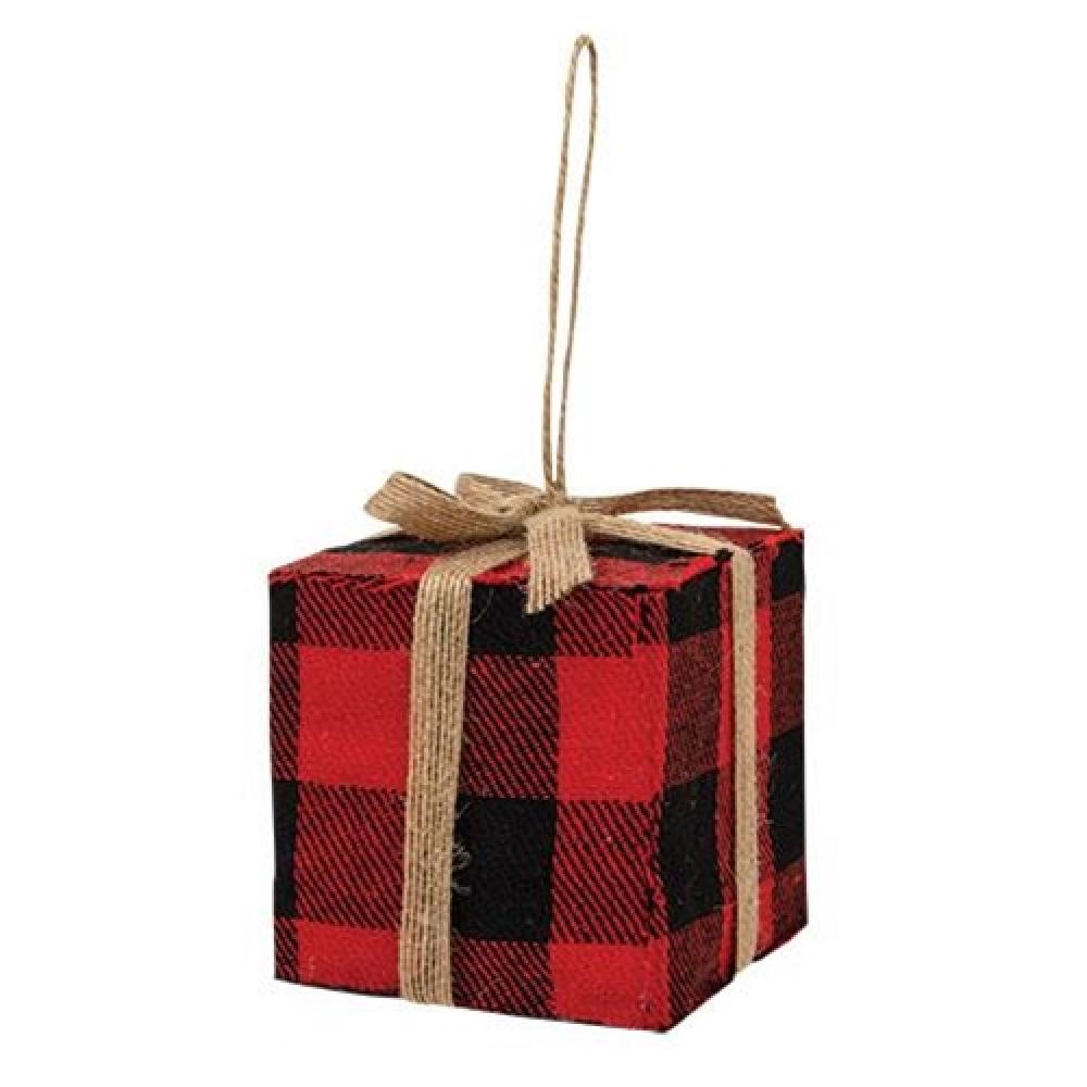 Red & Black Buffalo Plaid Christmas Gift Box Ornament - Large Holiday Decoration for Tree, Wreath, and Festive Home Decor
