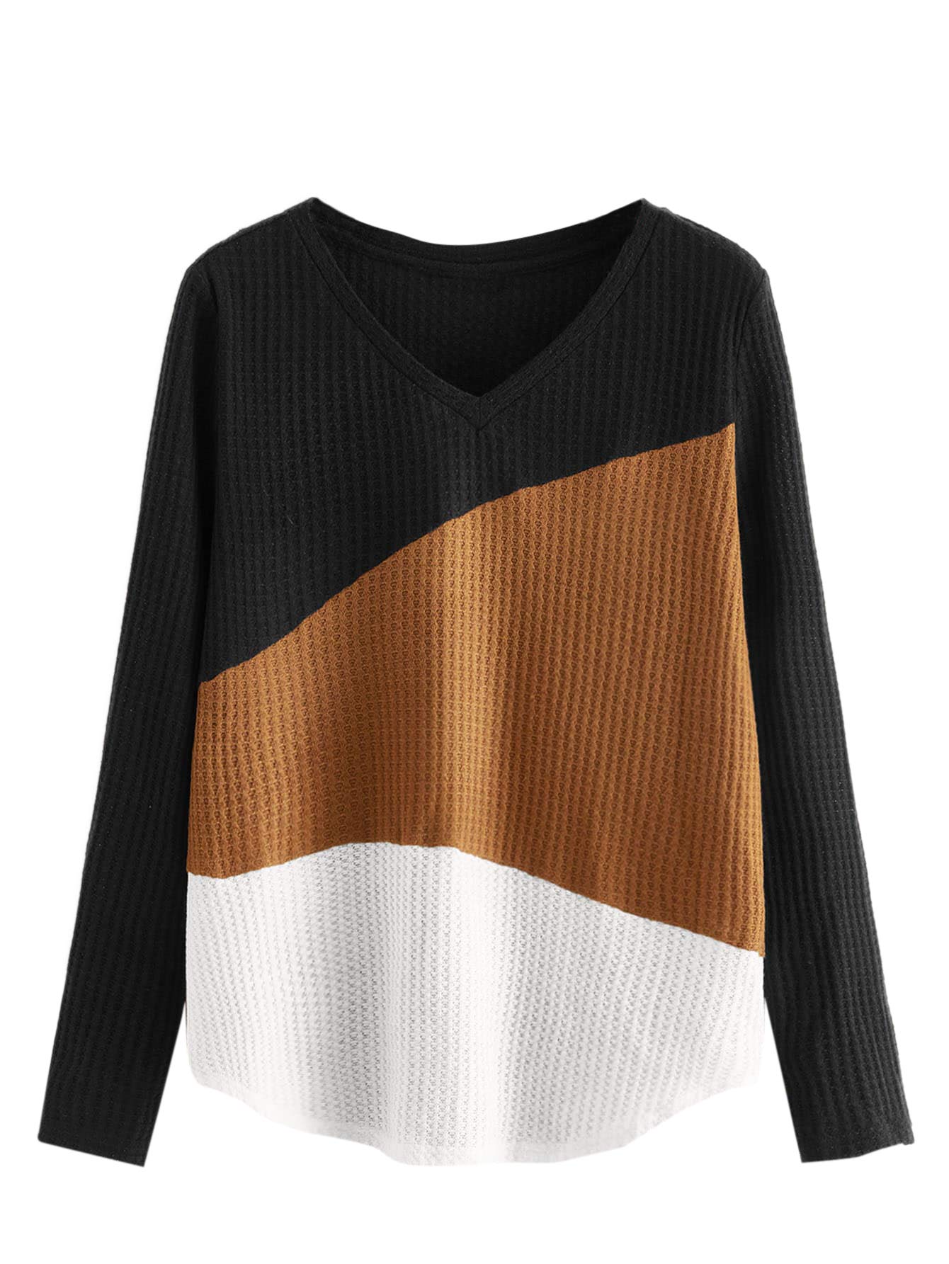 Floerns Women's Plus Size Waffle Knit Shirt - Casual Colorblock Long Sleeve V-Neck Pullover Top for Fall & Winter | Comfortable Loungewear, Office Wear & Everyday Outfits