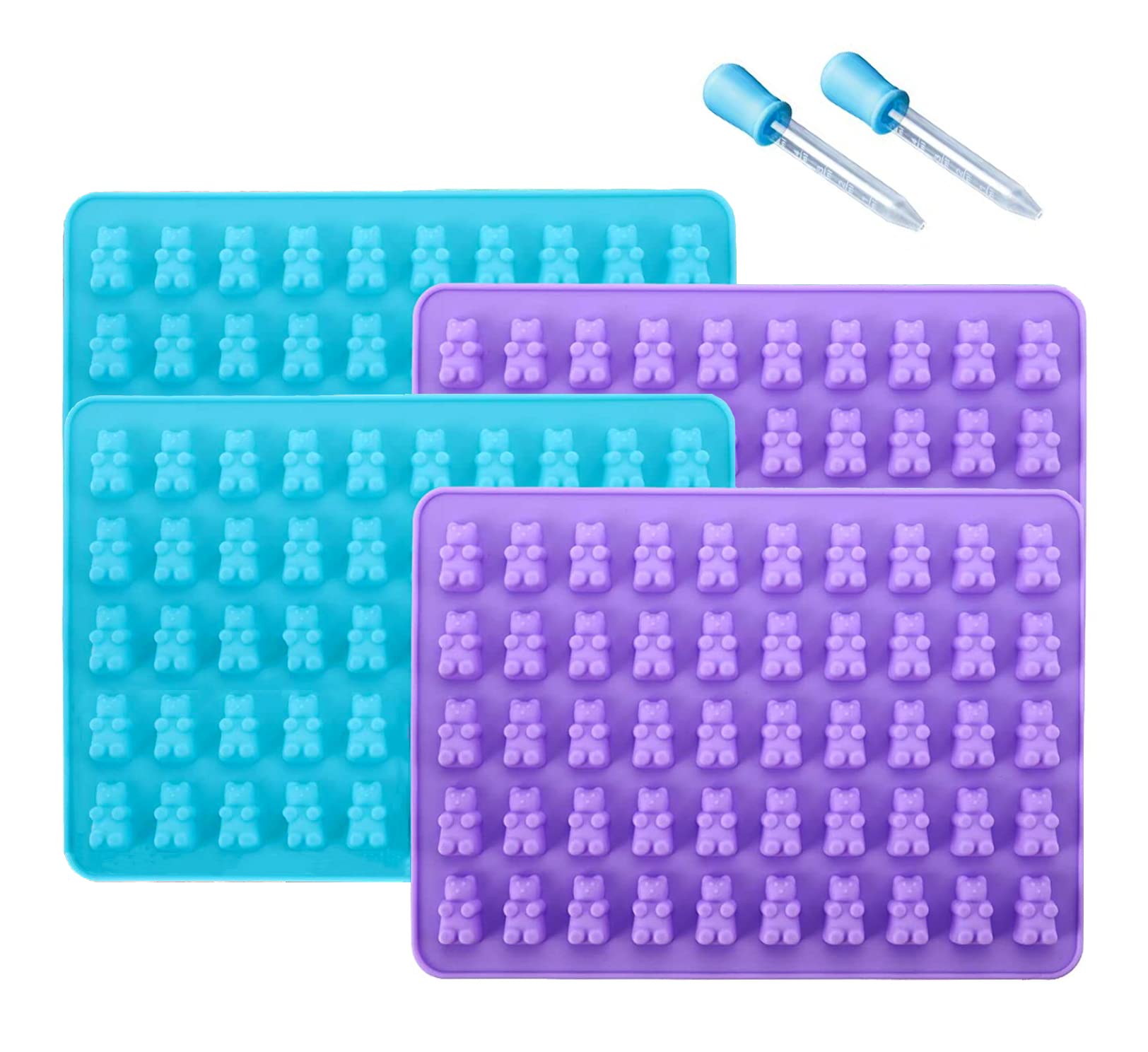 JEWOSTER 4-Piece Gummy Bear Silicone Molds Set - Non-Stick Chocolate & Candy Molds with 2 Droppers - Food Grade BPA-Free for DIY Gummies, Chocolates, Candies - Perfect for Birthday Parties, Baking, and Holiday Treats