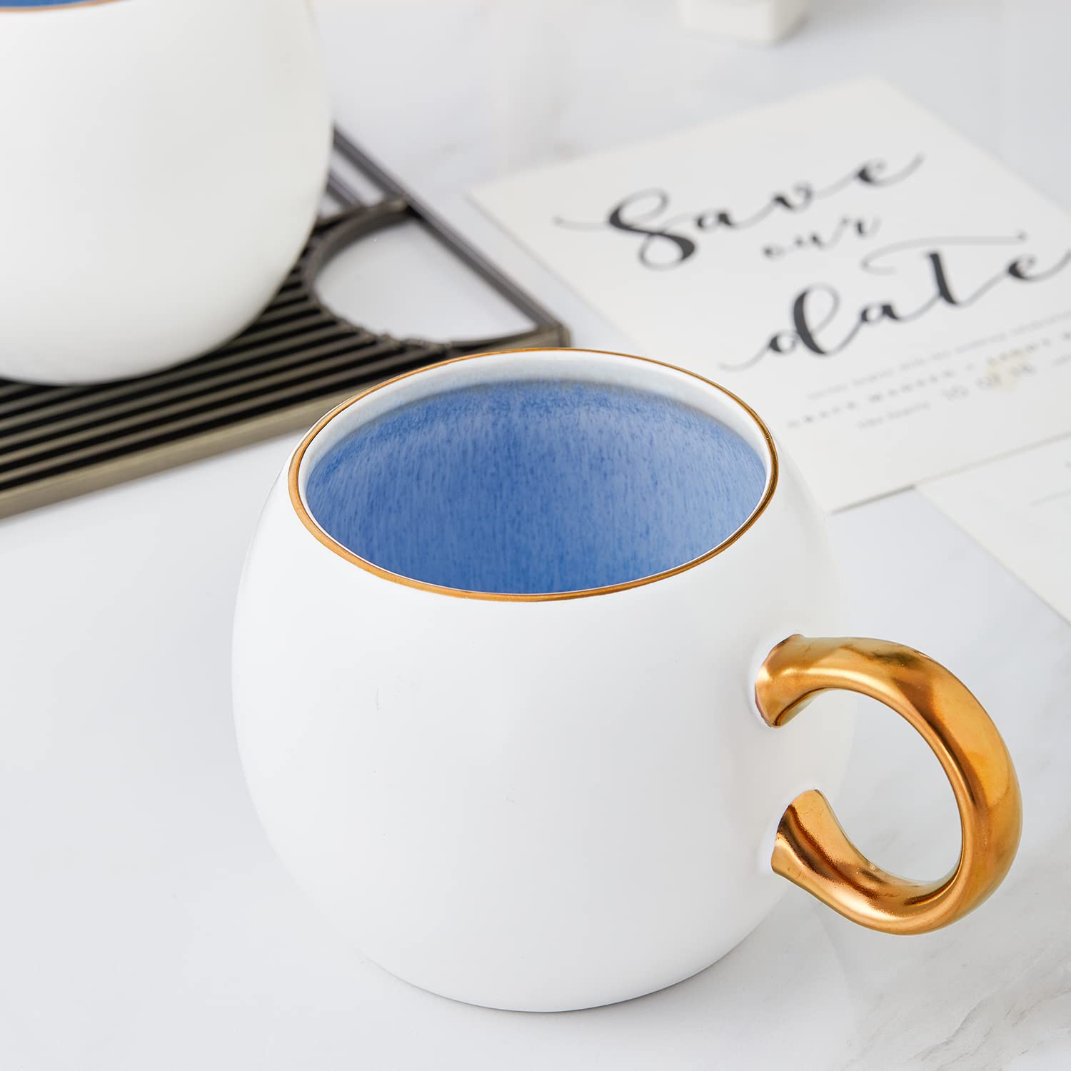 Josephine Blue Stone Lain Porcelain Dish Set - 4 Elegant Mugs for Coffee, Tea & Home Decor | Perfect for Dining, Gifting & Kitchen Essentials