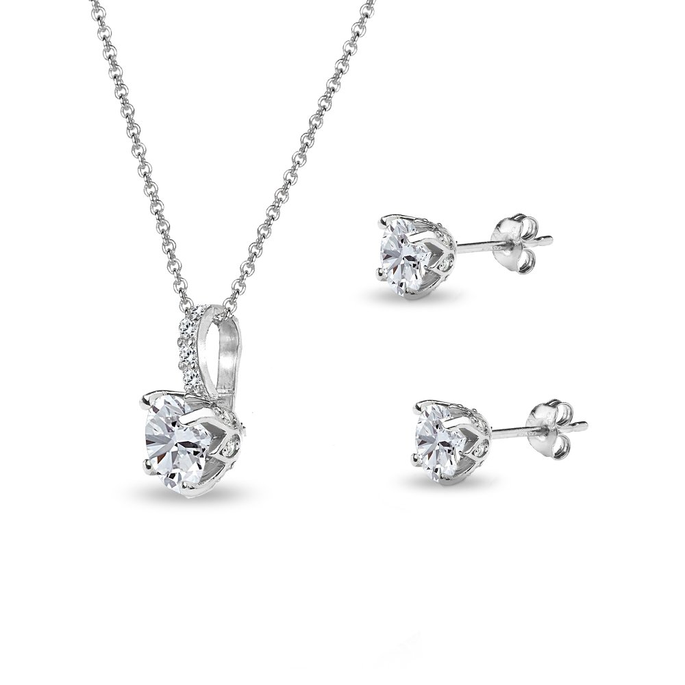 B. BRILLIANT Sterling Silver Round Crown Necklace & Stud Earrings Set with Genuine/Created/Simulated Gemstones & White Topaz - Elegant Jewelry Gift for Women, Perfect for Weddings, Parties & Special Occasions