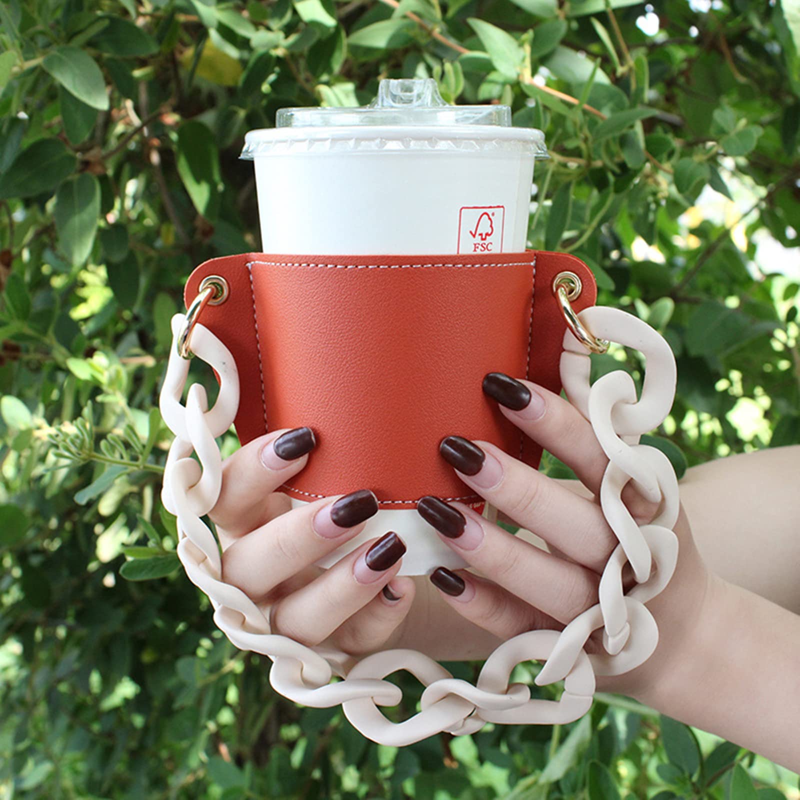 Premium Leather Coffee Cup Sleeve with Detachable Metal Chain - Insulated Reusable Travel Mug Holder for Hot/Cold Drinks - Portable Beverage Carrier for Office, Commute & Outdoor Activities (Orange)