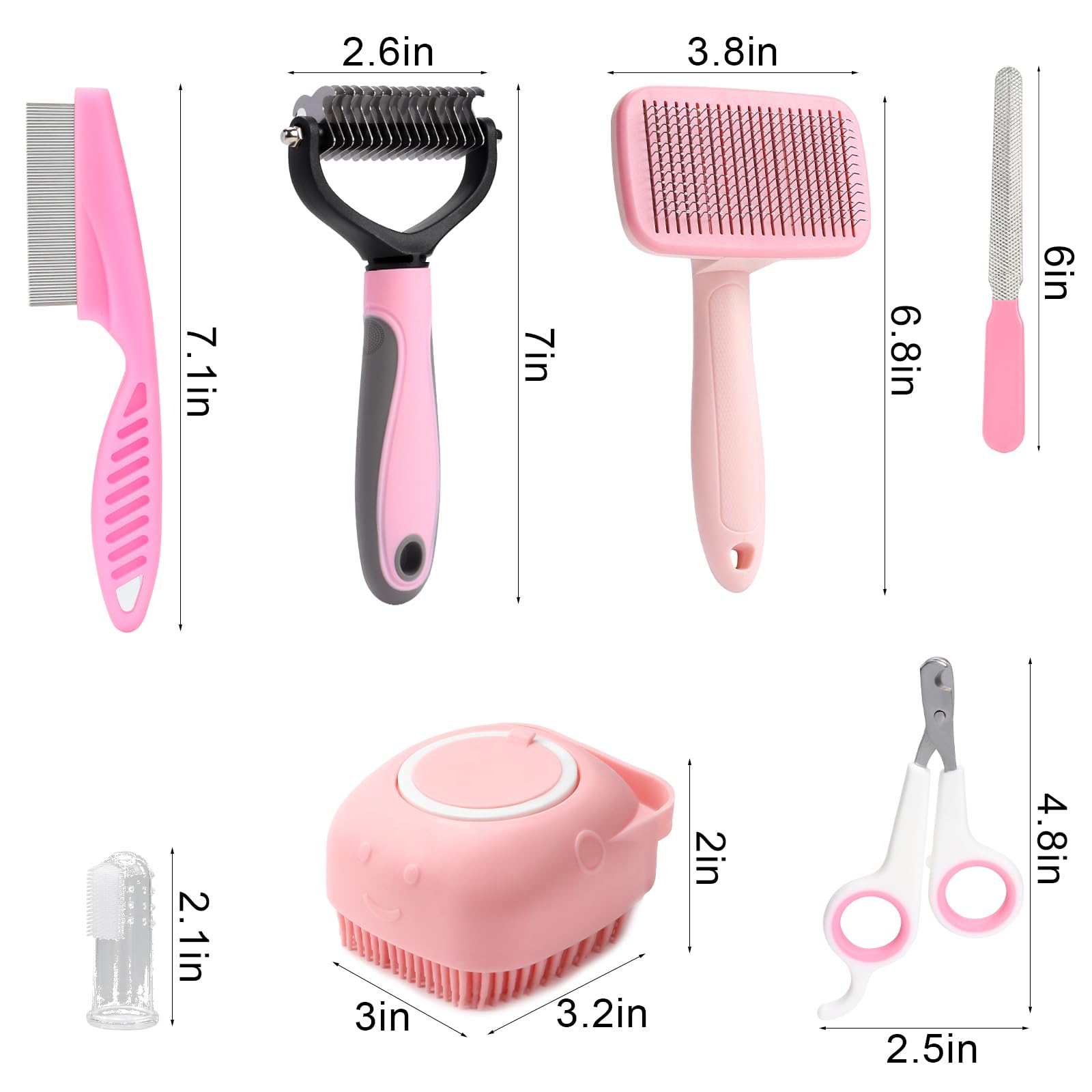 VCZONE 8 Pcs Dog Grooming Kit with Self Cleaning Tools - Professional Nail Clippers, Flea Comb, Shampoo Brush, Shedding Brush, Dematting Comb & Silicone Toothbrush for Small to Large Dogs (Pink) - Perfect for Home Pet Care, Bathing, and Coat Maintenance