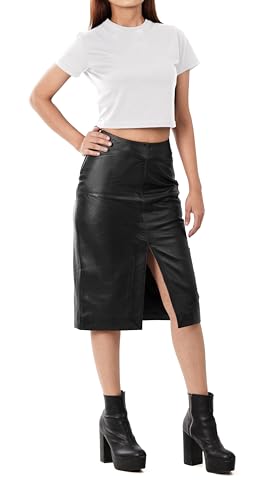 Renee - Black Knee Length Leather Skirt