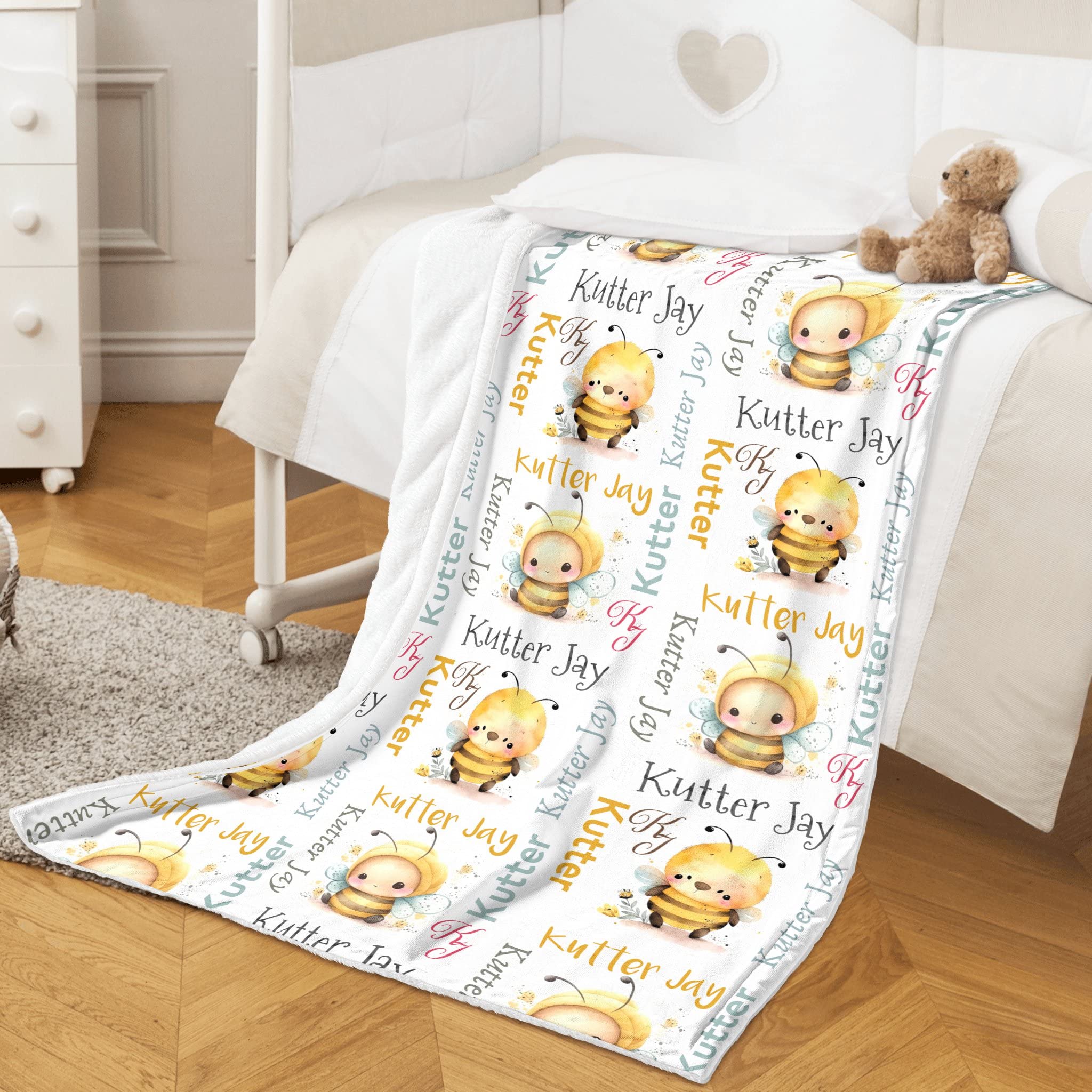 Personalized Baby Blanket for Newborns - Custom Monogrammed Swaddle & Receiving Blanket for Boys & Girls - Unisex Bee Design Milestone Throw 30x40 Inches - Perfect for Nursery, Photo Shoots & Gift Giving