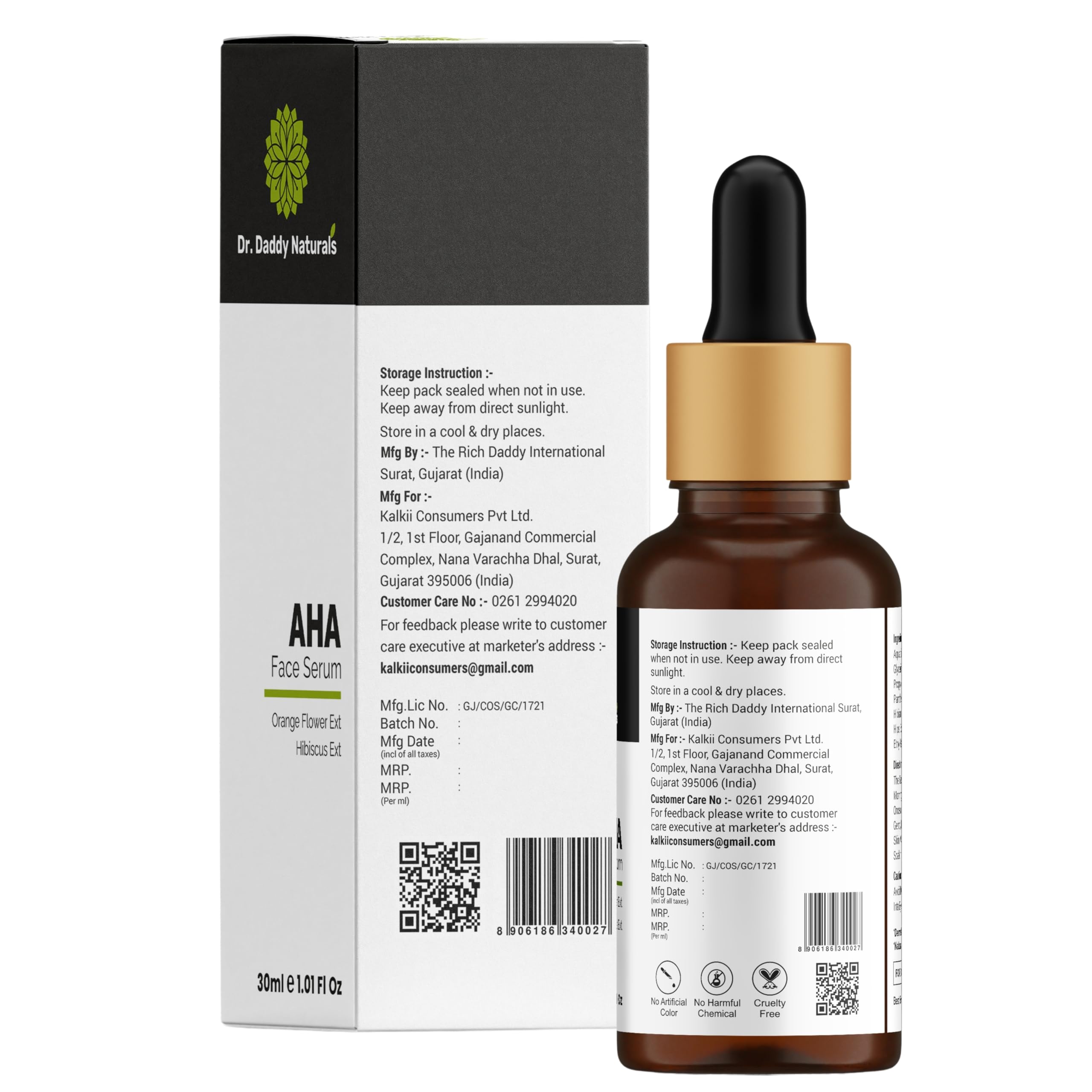 Dr. Daddy Naturals AHA Face Serum with Orange Flower & Hibiscus Extract - Acne Spot Treatment for Clear Skin, Brightening & Smoothing - Suitable for Normal, Oily, Dry & Combination Skin - Paraben & Sulfate Free, Fragrance Free - 30ml - Perfect for Daily Skincare Routine & Nighttime Skin Repair