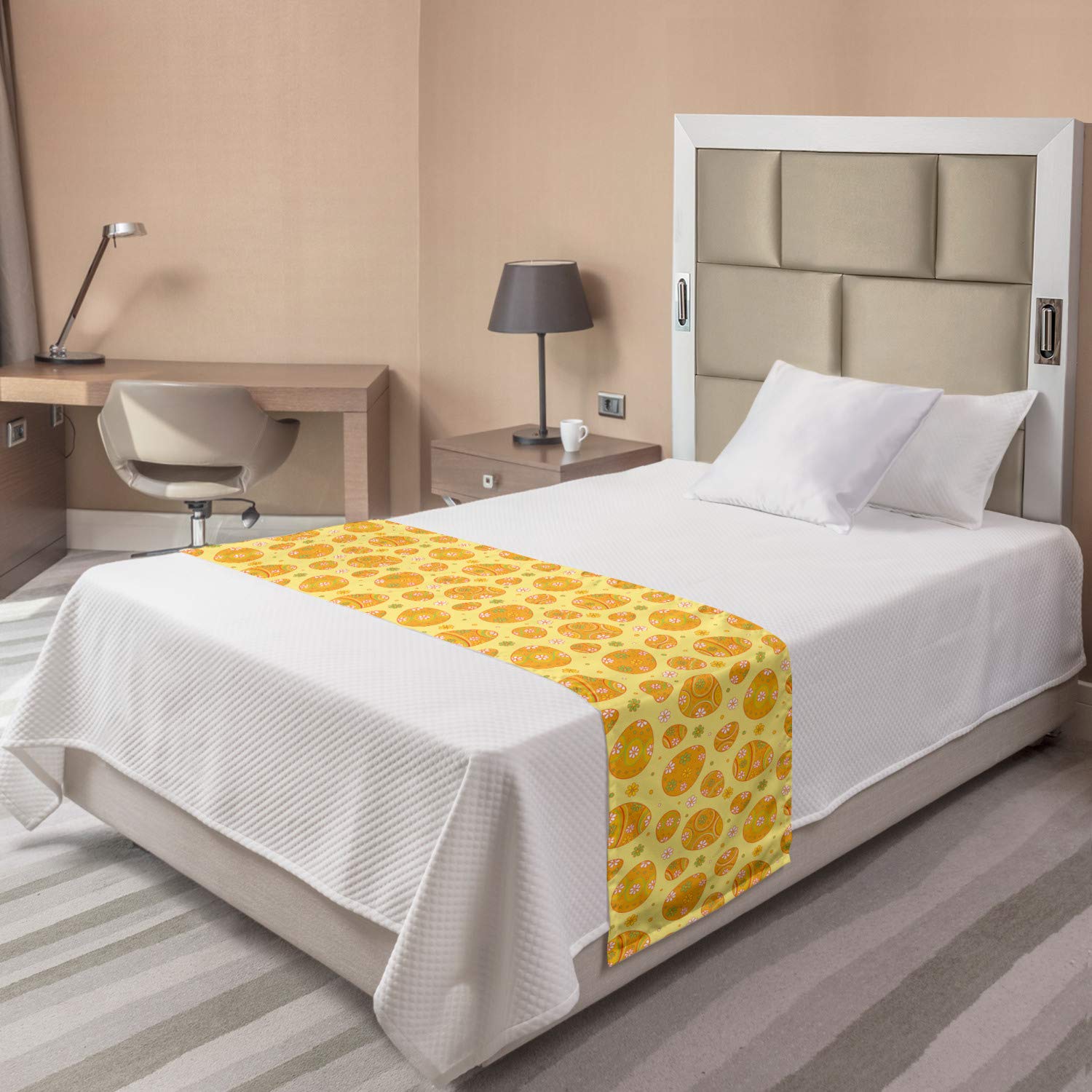 Ambesonne Easter Bed Runner - Cheerful Holiday Decor with Cartoon Daisies & Circles, Orange Yellow Green Decorative Bed Scarf for Hotels, Homes & Guest Rooms | Perfect for Spring Decorations, Easter Bedding & Seasonal Home Styling