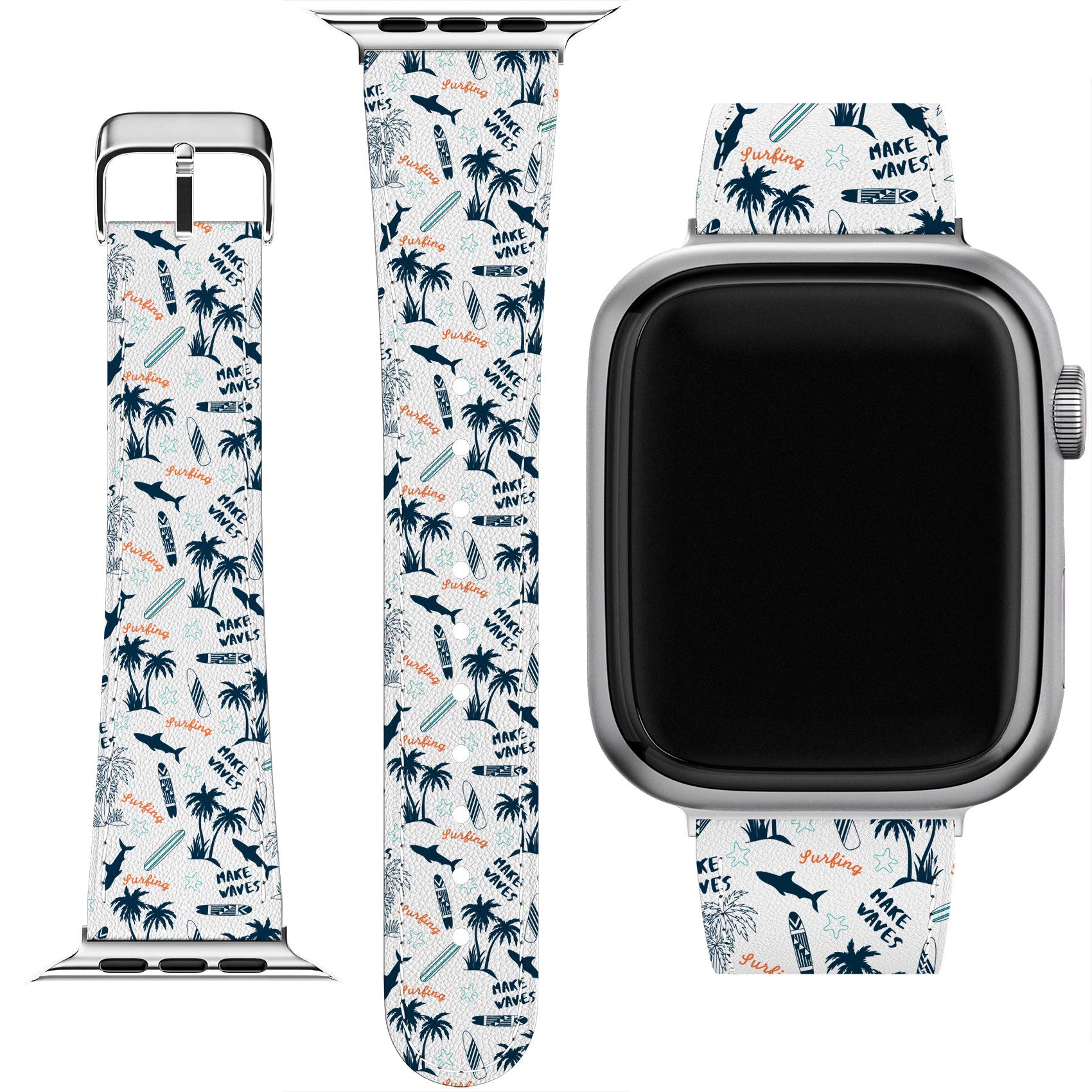 Apple Watch Bands Compatible with Series 7/6/5/4/3/2/1/SE & Matching Phone Case - Cute PU Leather Tropical Whale Hawaii Print Surfboard Strap for 38-45mm - Perfect for Beach, Summer & Casual Wear