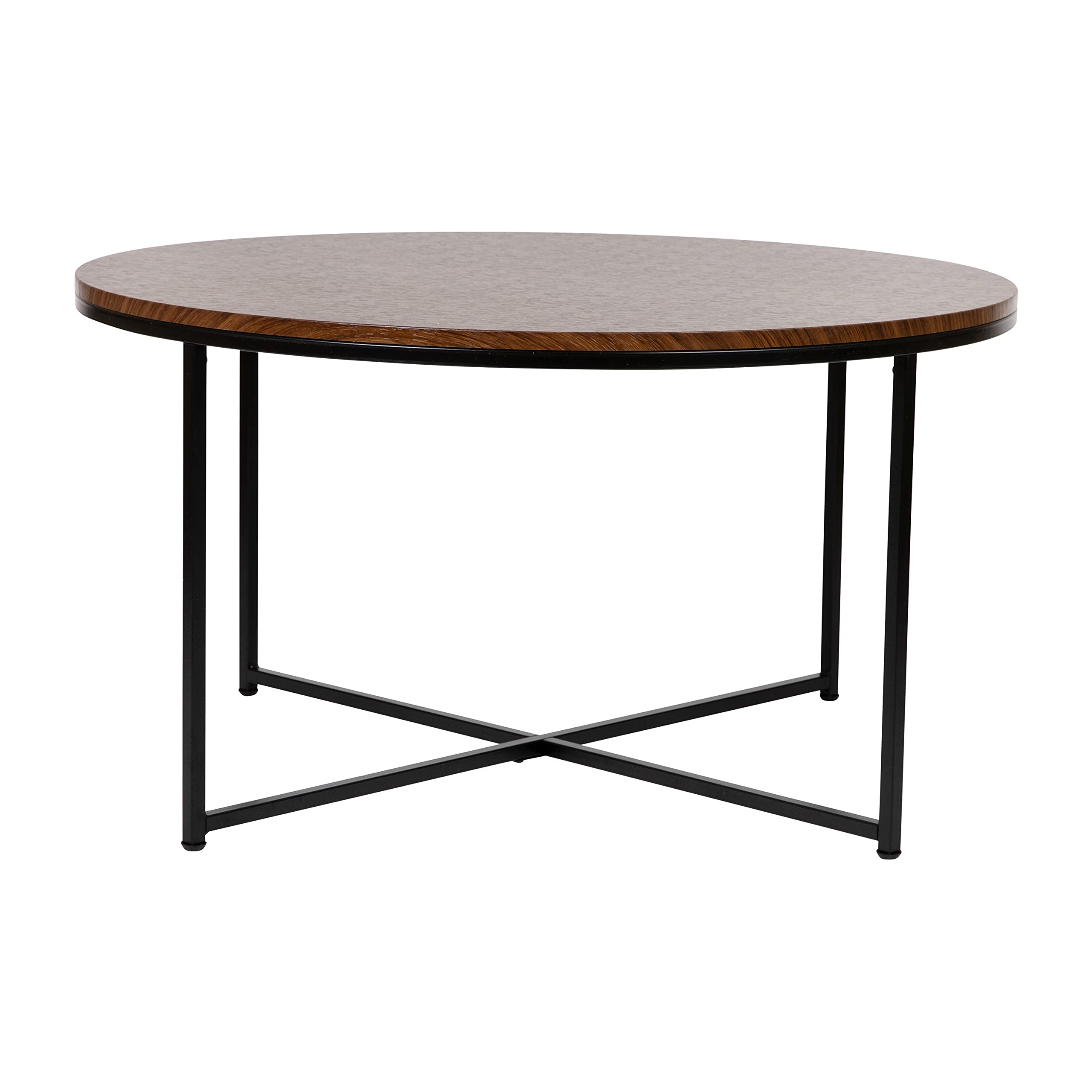 Hampstead Collection Modern Walnut Finish Coffee Table with Crisscross Matte Black Frame - Stylish Living Room Centerpiece for Home Decor