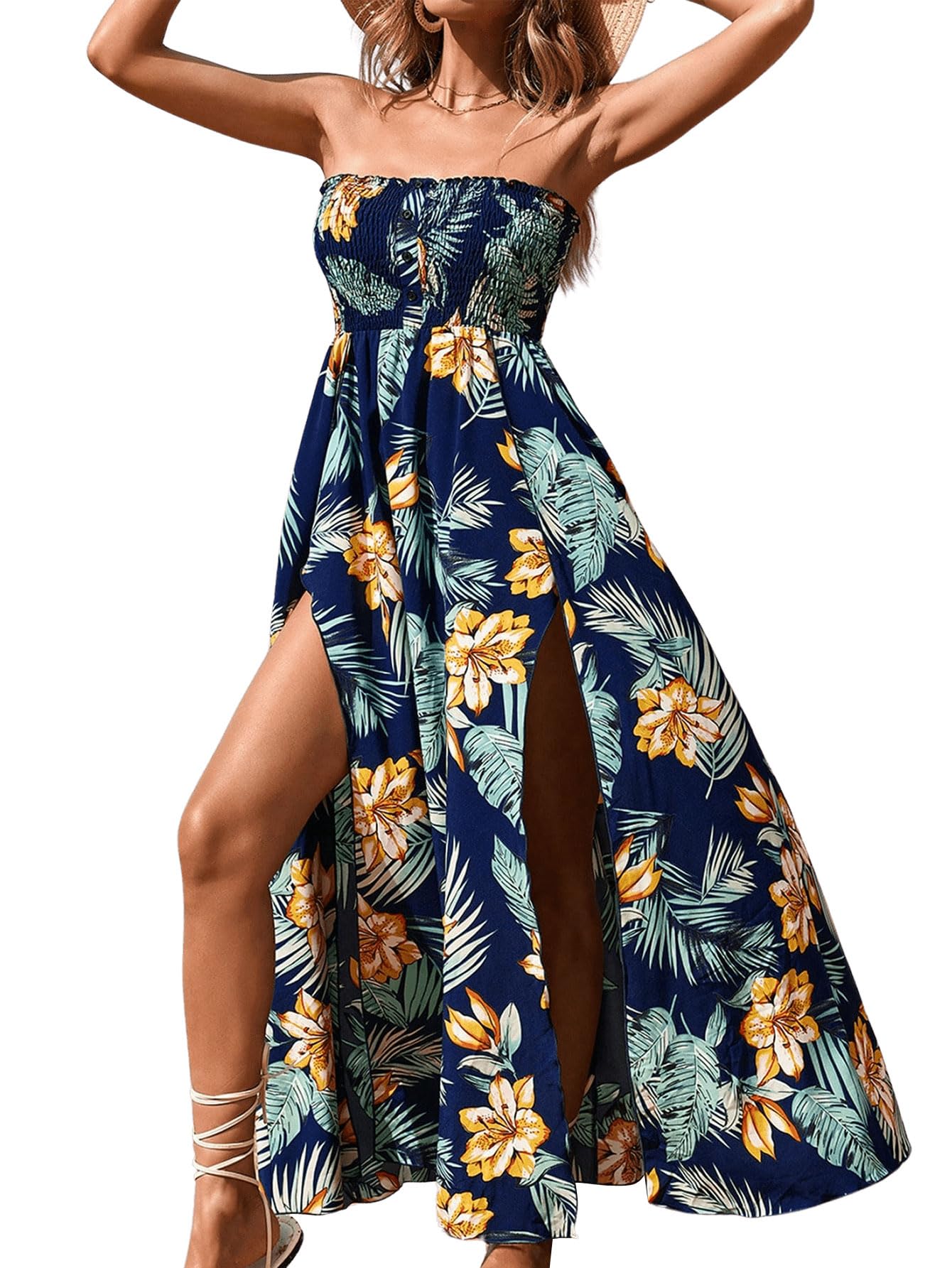 MakeMeChic Women's Tropical Print Split Thigh Bandeau Maxi Dress - Shirred Button High Waist Summer Beach A-Line Dress for Vacation, Pool Party & Tropical Getaway