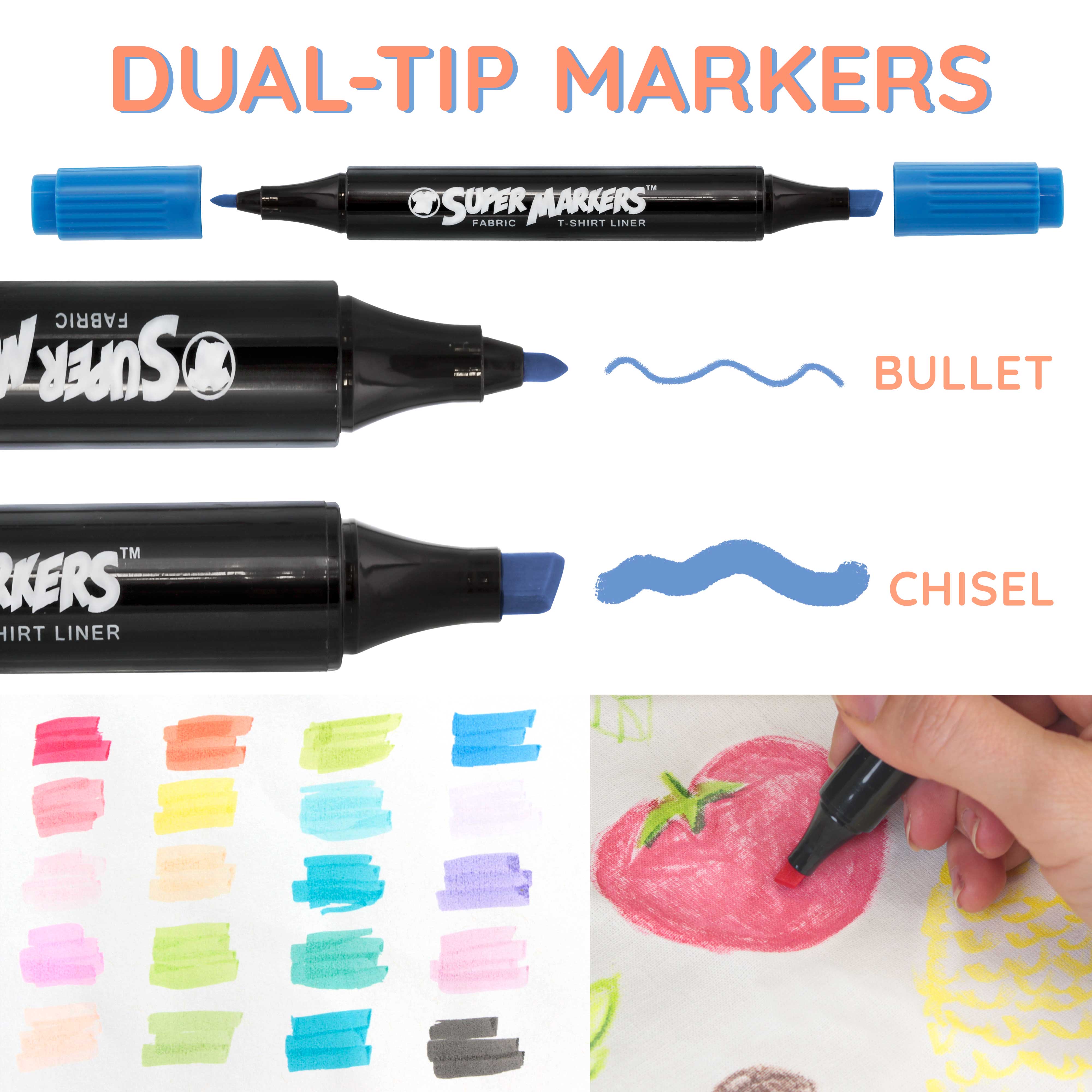 20 Unique Pastel Colors Dual Tip Fabric & T-Shirt Marker Set - Double Ended Fabric Markers with Chisel & Fine Point Tips - Bold Permanent Ink for DIY Crafts, Clothing Customization & Fabric Art Projects