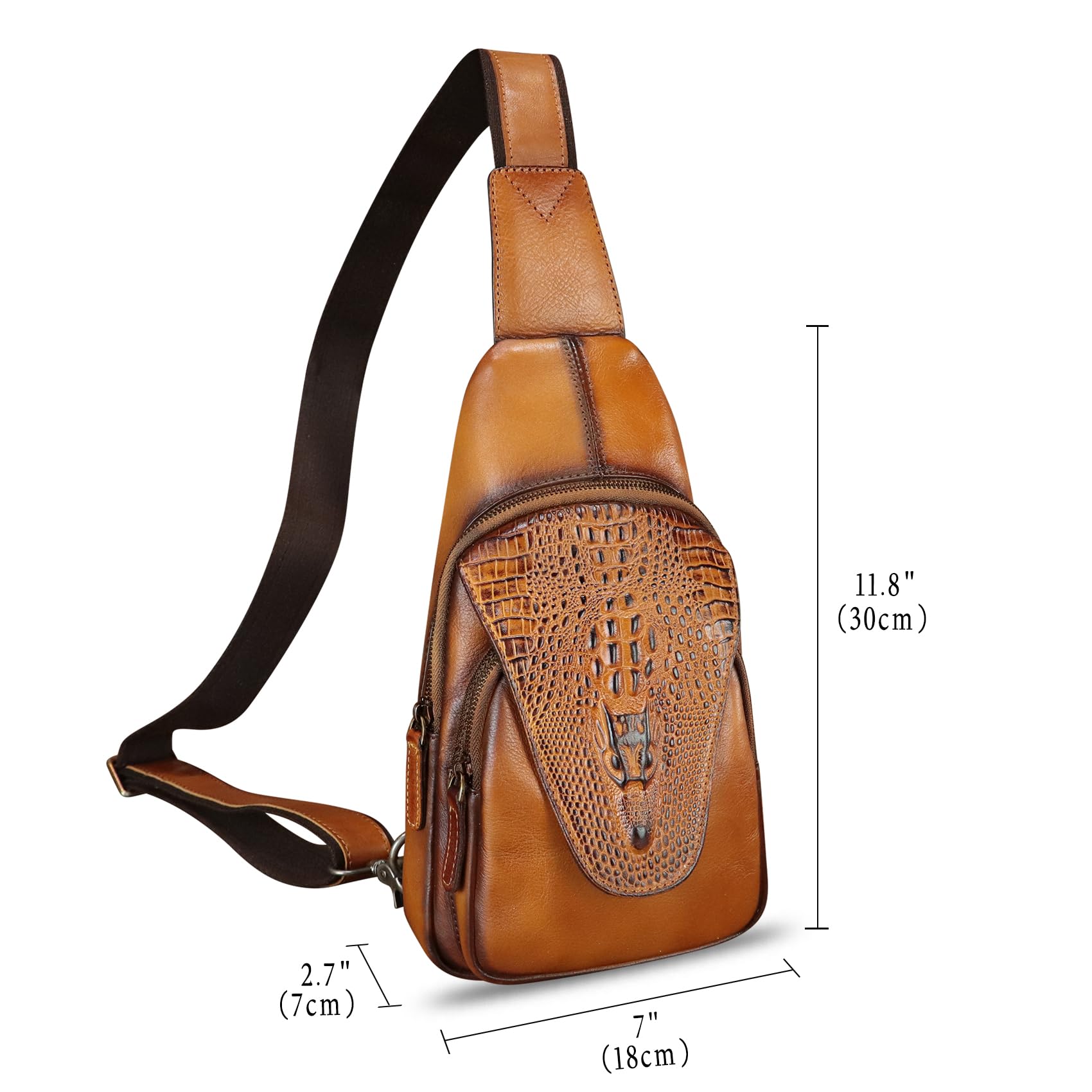 Genuine Leather Sling Bag - Embossed Crocodile Pattern Crossbody Backpack - Handmade Chest Purse Daypack for Men & Women (Brown) | Perfect for Travel, Work & Everyday Use