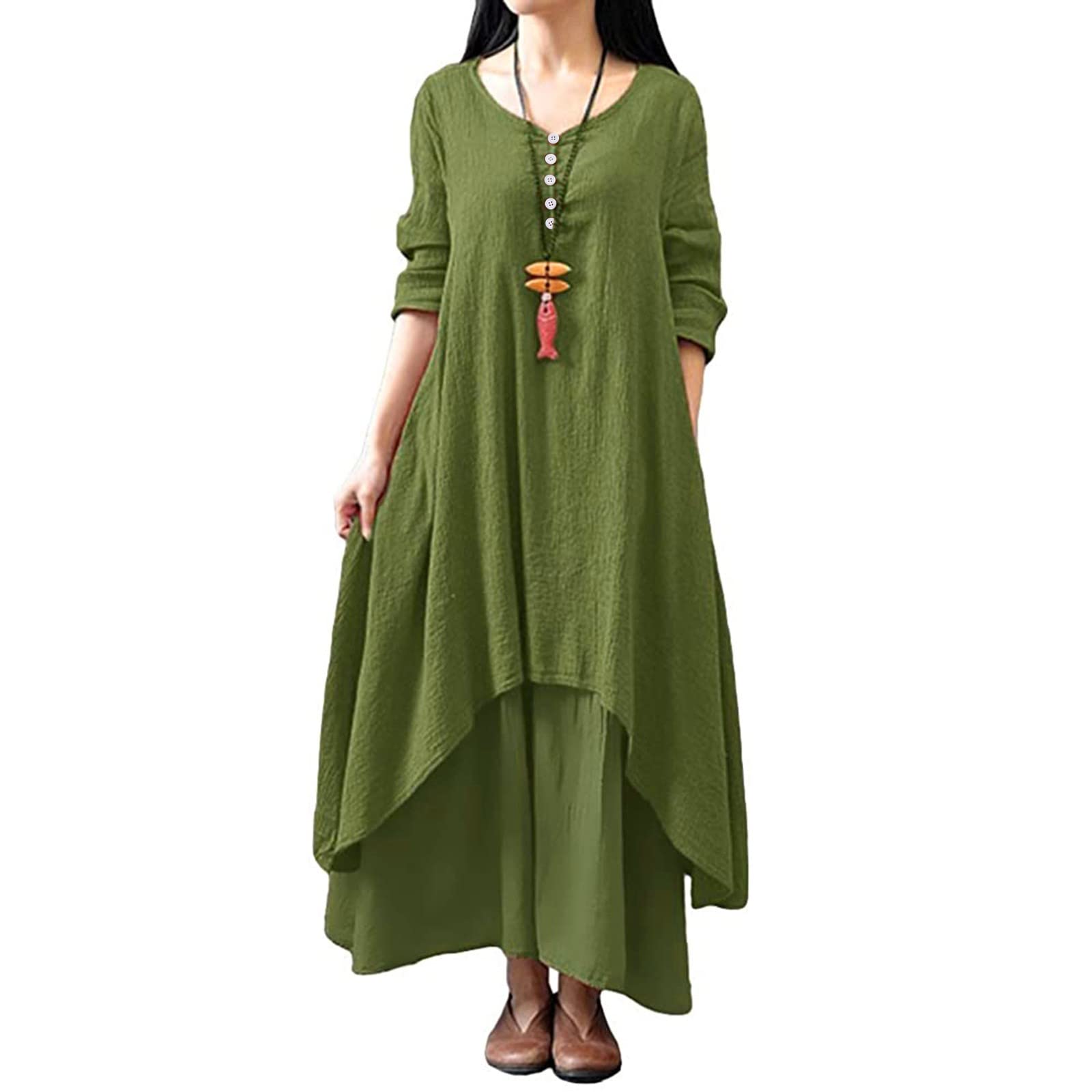 RKSTN Women's Plus Size Cotton Linen Summer Dress - Half Sleeve Button Down Boho Maxi Dress with Layered Design | Perfect for Beach Vacations, Casual Outings & Boho Chic Style