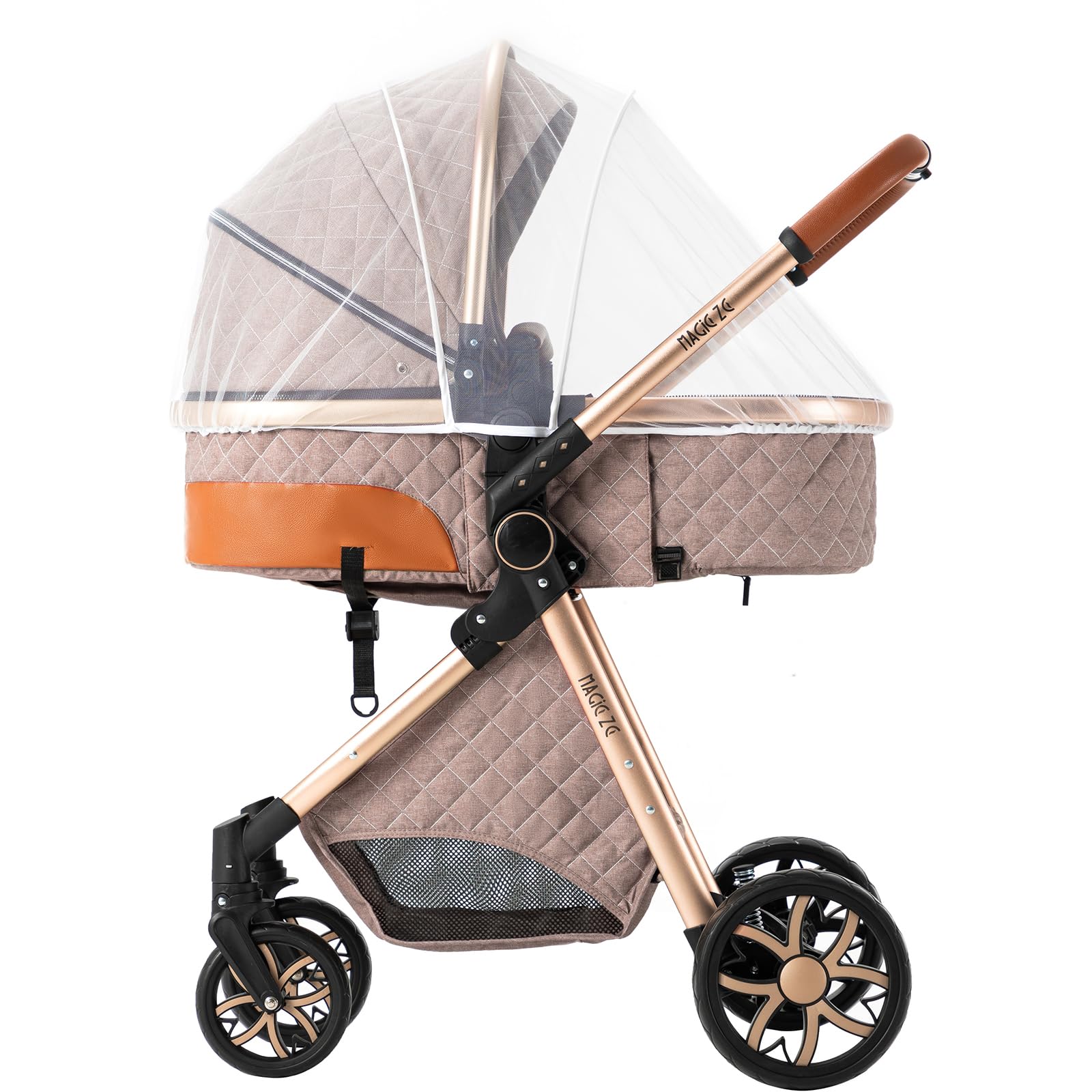 3 in 1 Baby Travel System - Reversible Stroller, Foldable Luxury Pram Buggy for Newborn & Toddler, Portable Pushchair with High Landscape View (MGV9-KHAKI Without Base) - Perfect for Shopping, Travel & Daily Walks