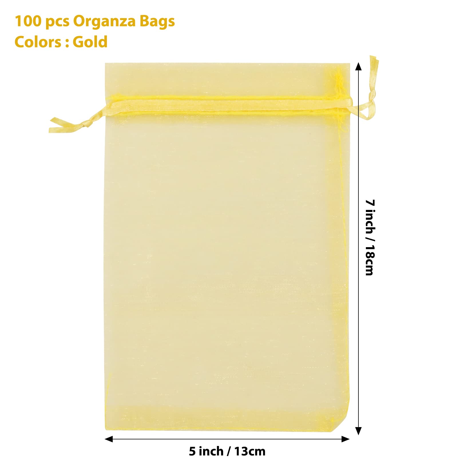 Premium 100-Pack 5x7 Inch Gold Organza Gift Bags with Drawstring - Sheer Mesh Favor Bags for Wedding, Party Favors, Jewelry Packaging & DIY Crafts