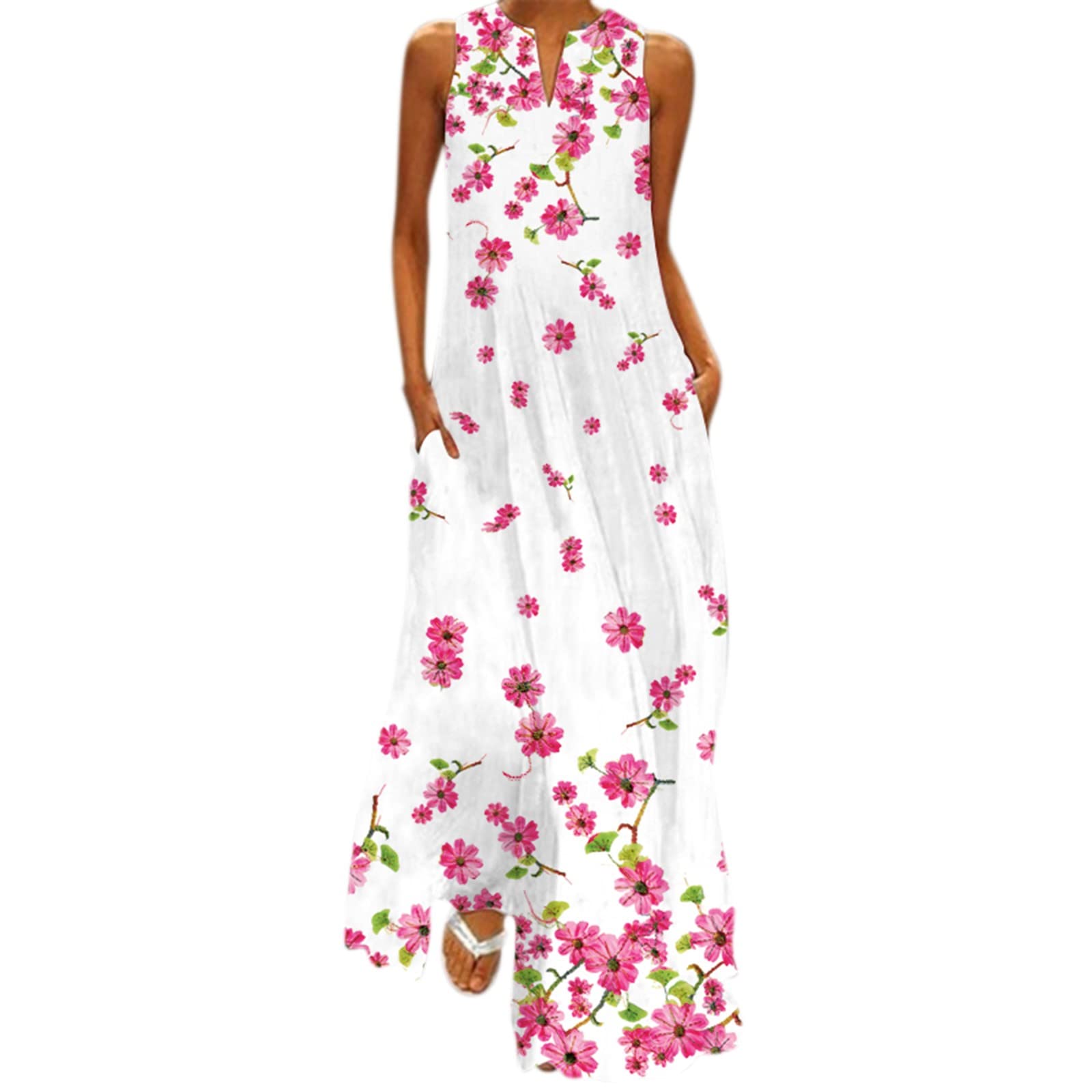 Women's Boho Floral Print V-Neck Maxi Sundress - Sleeveless Loose Beach Dress for Summer | Perfect for Vacations, Pool Parties & Casual Outings