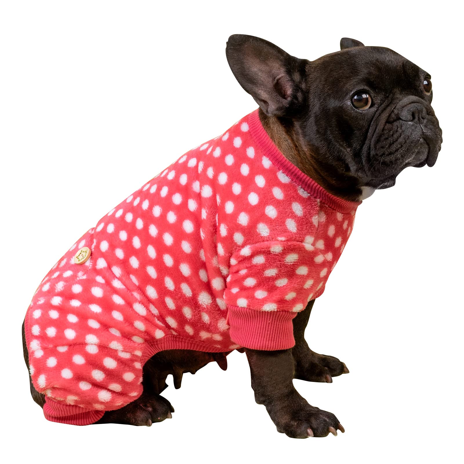 KYEESE Polka Dot Dog Sweater - Soft Stretchable Velvet Dog Pajamas Onesie for Small Dogs (Red) - Cozy Winter Outfit for Indoor & Outdoor Pet Fashion
