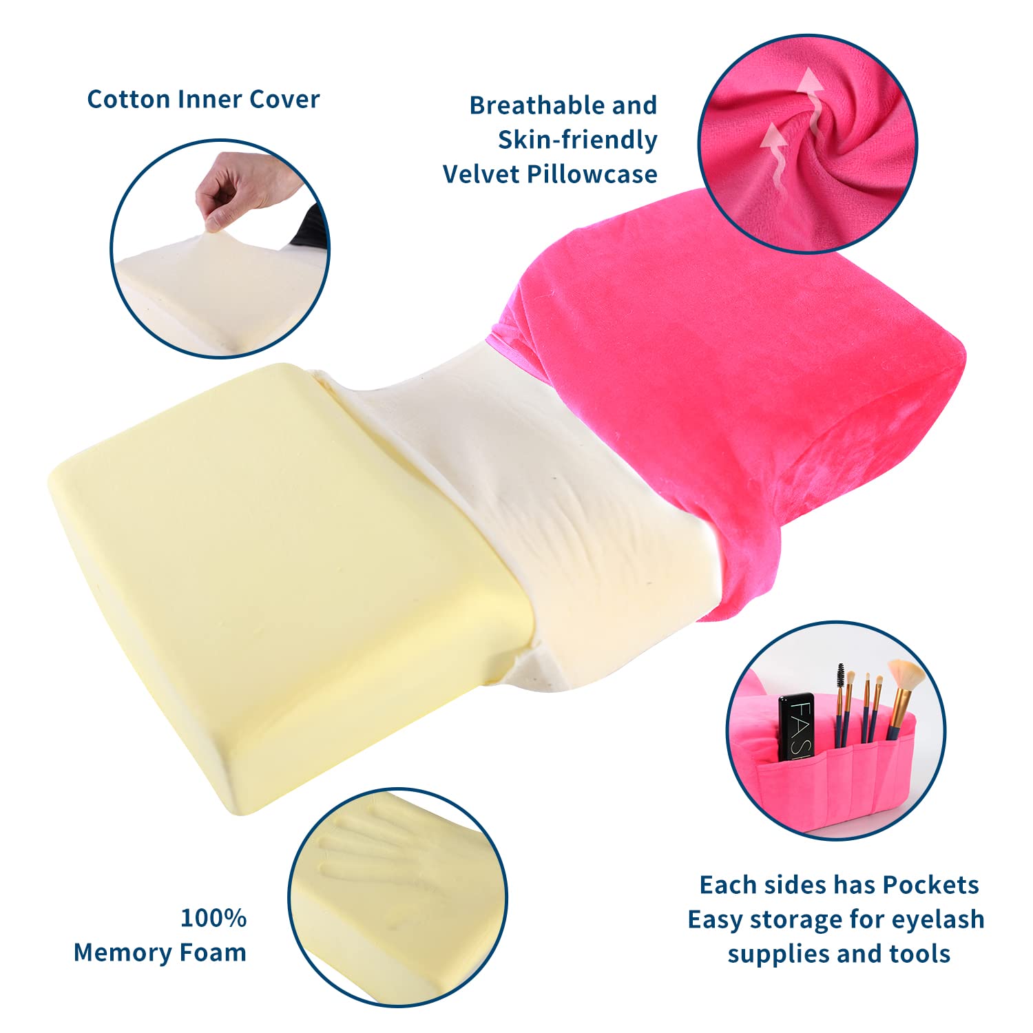 Professional Pink Eyelash Extension Memory Foam Pillow with Acrylic Shelf Organizer - Lash Technician Makeup Tool Display Stand with Velvet Pillowcase - Perfect for Salon, Spa & Home Beauty Stations