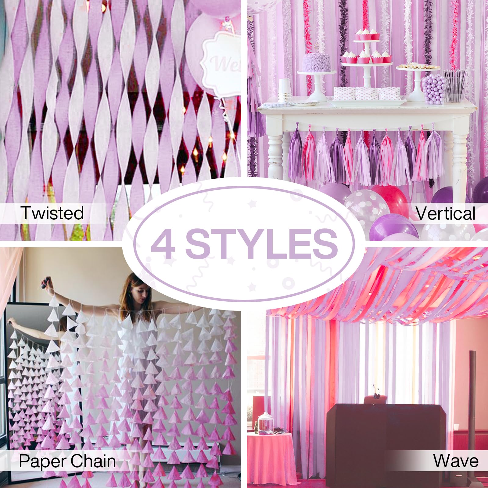 PartyWoo Crepe Paper Streamers 4 Rolls 328ft - Pearl Purple Party Decorations for Birthday, Baby Shower, Wedding & Holiday Celebrations | 1.8