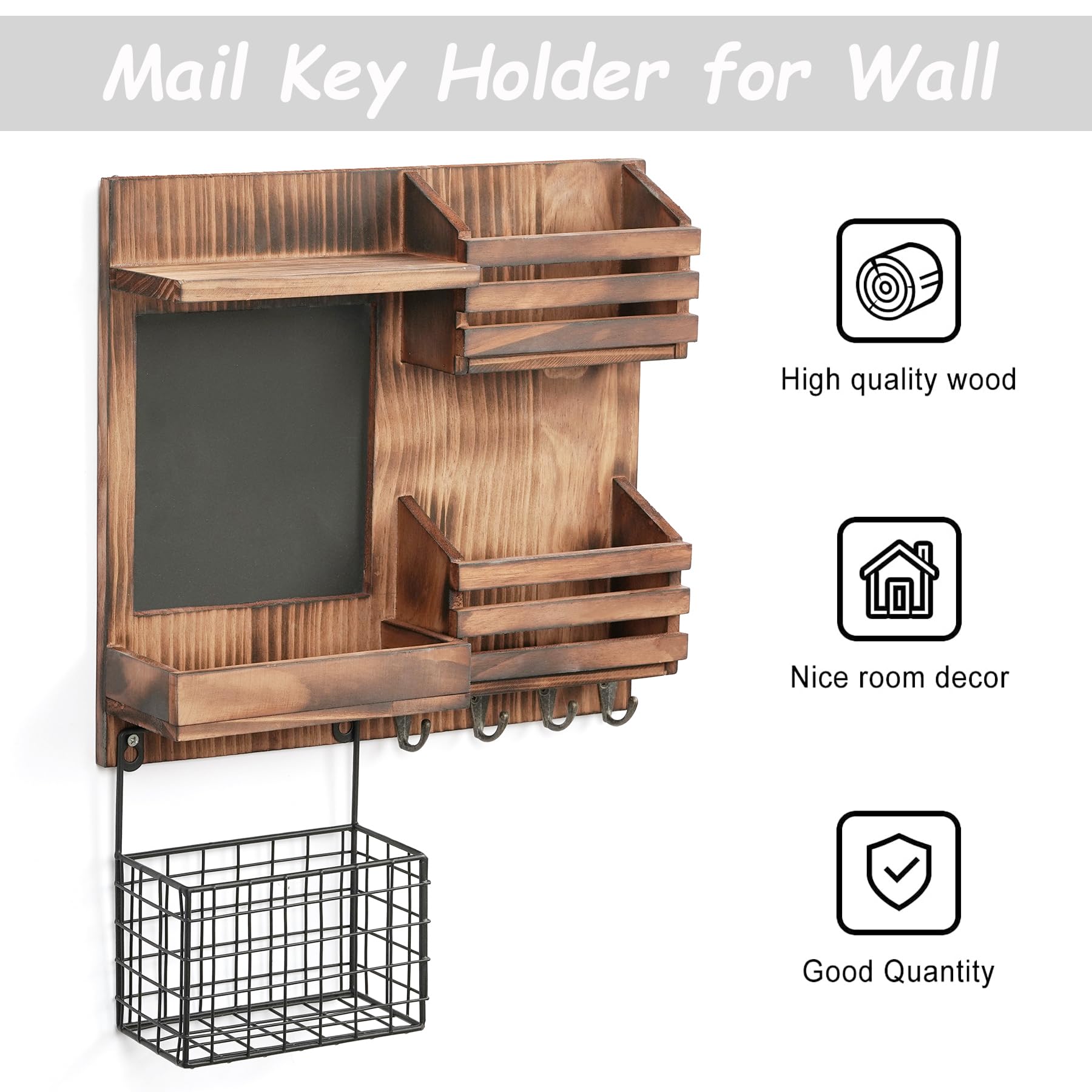 QILICHZ Wall Mount Key Holder & Mail Organizer - 4 Hooks & 2 Mail Slots for Keys, Letters, Bills - Perfect for Entryway, Office, or Home Organization