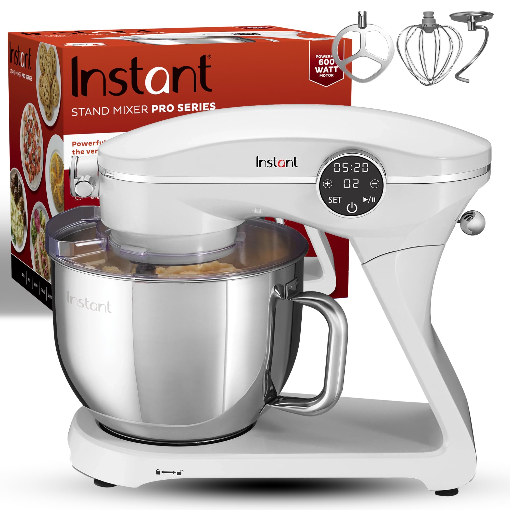 Instant Pot Instant Stand Mixer Pro - 600W 10-Speed Electric Mixer with Digital Display, 7.4-Qt Stainless Steel Bowl, Dishwasher Safe Attachments (Whisk, Dough Hook & Mixing Paddle) - Pearl White | Perfect for Baking Cakes, Cookies, Bread & More in Home Kitchen
