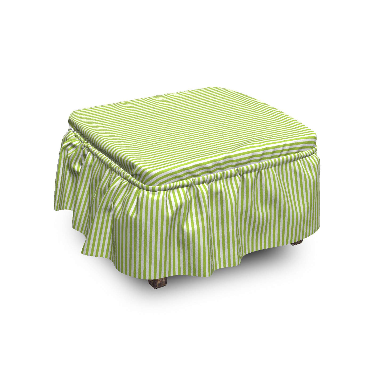 Ambesonne Striped Ottoman Cover Set - 2 Piece Slipcover with Ruffle Skirt for Square/Round Footstools | Retro Vertical Line Design in Apple Green & White | Home Decor Accent for Living Room, Bedroom & Office