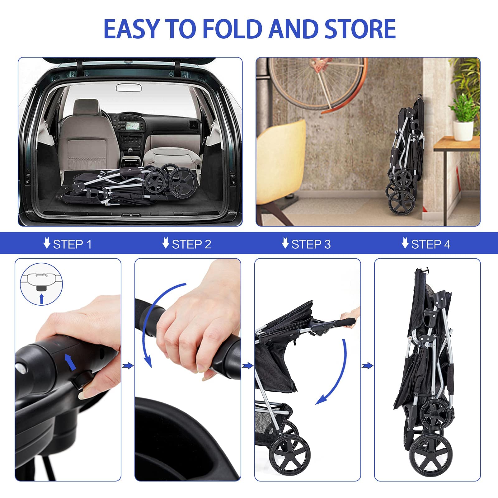 Premium Folding Pet Stroller for Small & Medium Dogs & Cats - 4-Wheel Jogger with Cup Holder & Storage Basket (Black) | Perfect for Outdoor Walks, Shopping Trips & Vet Visits