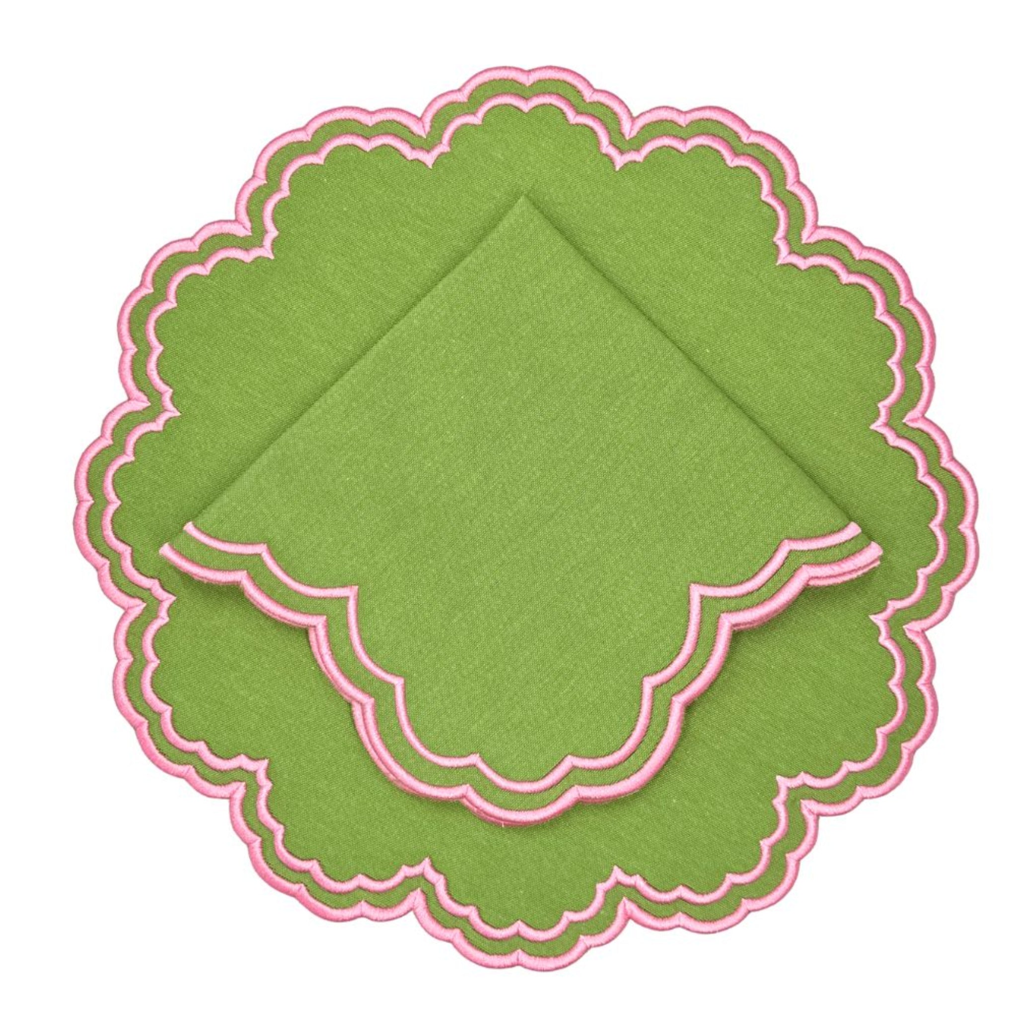 Bettina Napkin Set of 4 - Green & Pink Cotton Dinner Napkins for Formal Dining, Parties & Home Decor